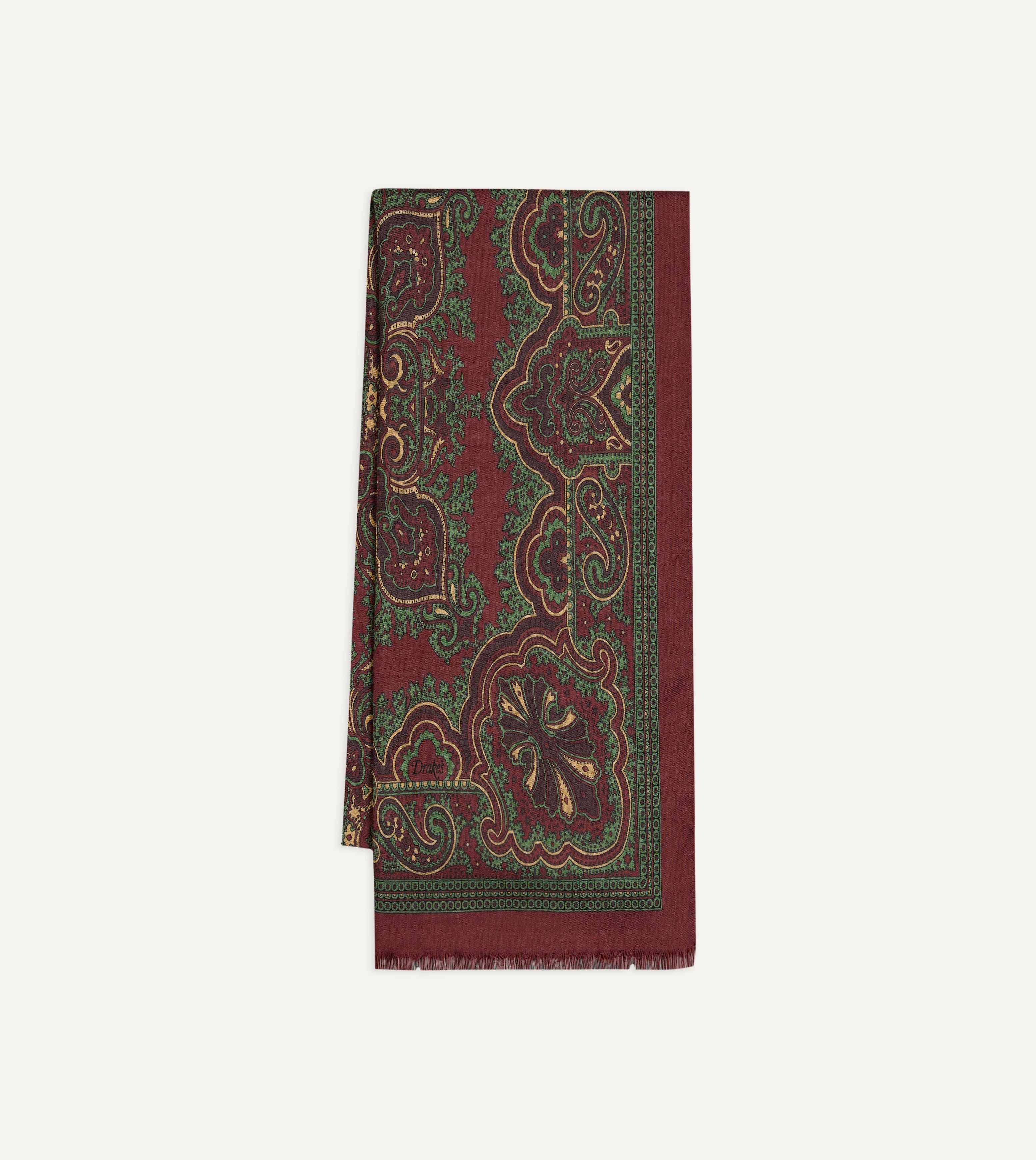 Burgundy and Green Vintage Paisley Print Wool Silk Scarf