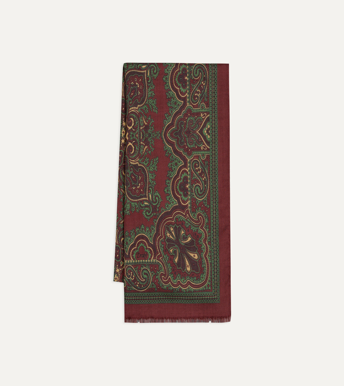 Burgundy and Green Vintage Paisley Print Wool Silk Scarf