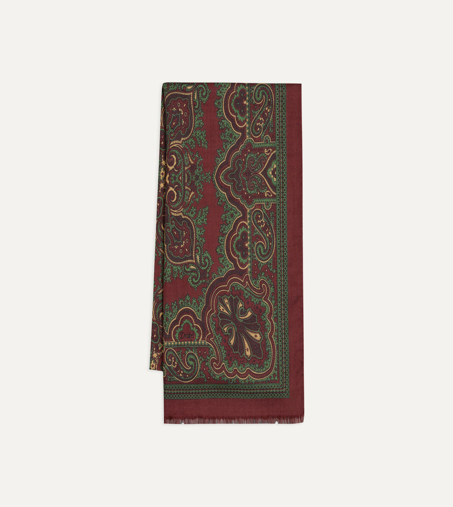 Burgundy and Green Vintage Paisley Print Wool Silk Scarf