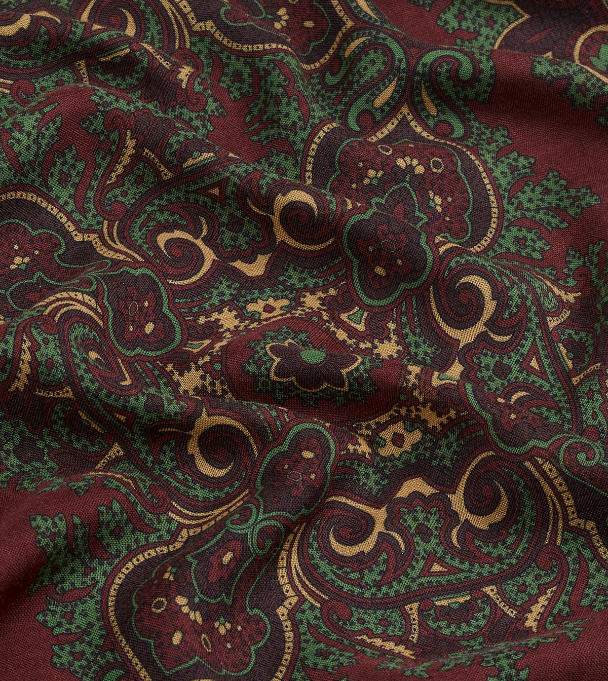 Burgundy and Green Vintage Paisley Print Wool Silk Scarf