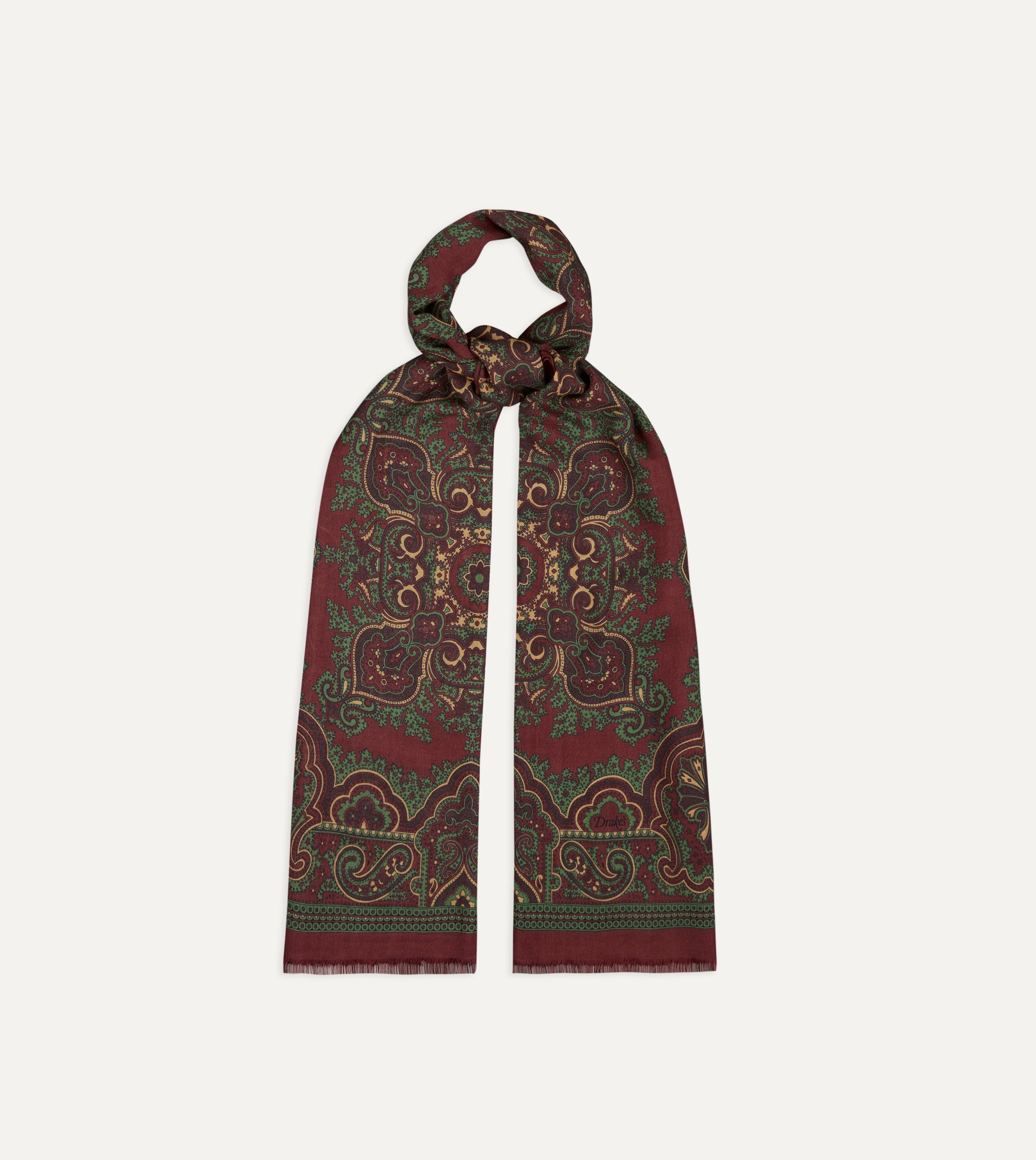 Burgundy and Green Vintage Paisley Print Wool Silk Scarf