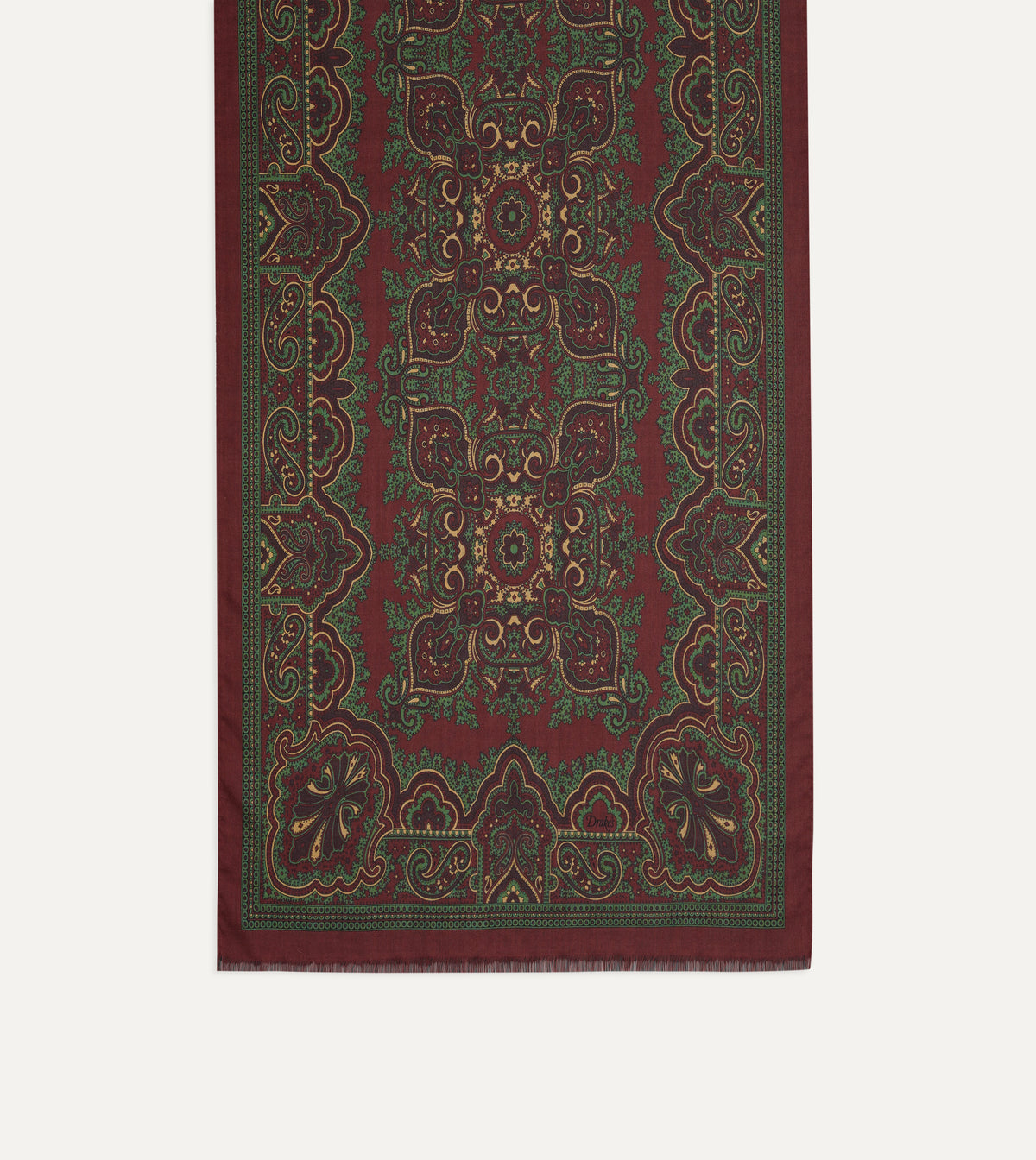 Burgundy and Green Vintage Paisley Print Wool Silk Scarf