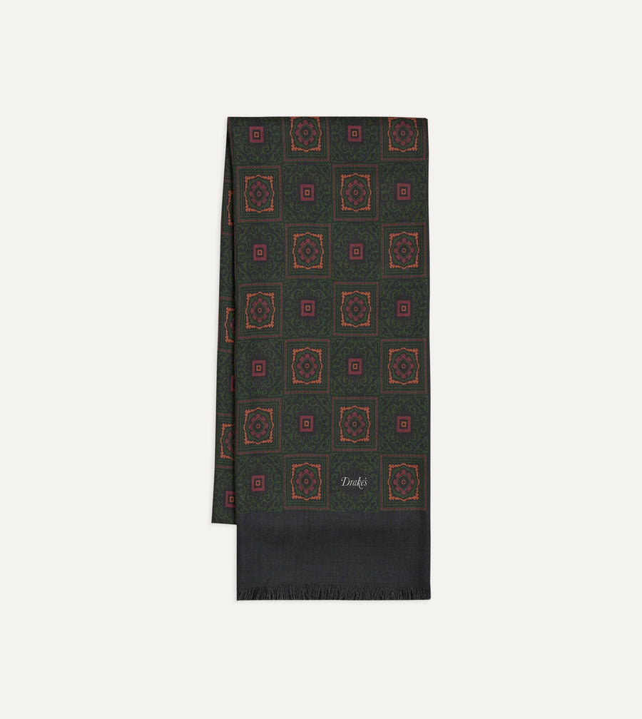 Dark Green and Brown Medallion Print Tubular Wool-Silk Scarf