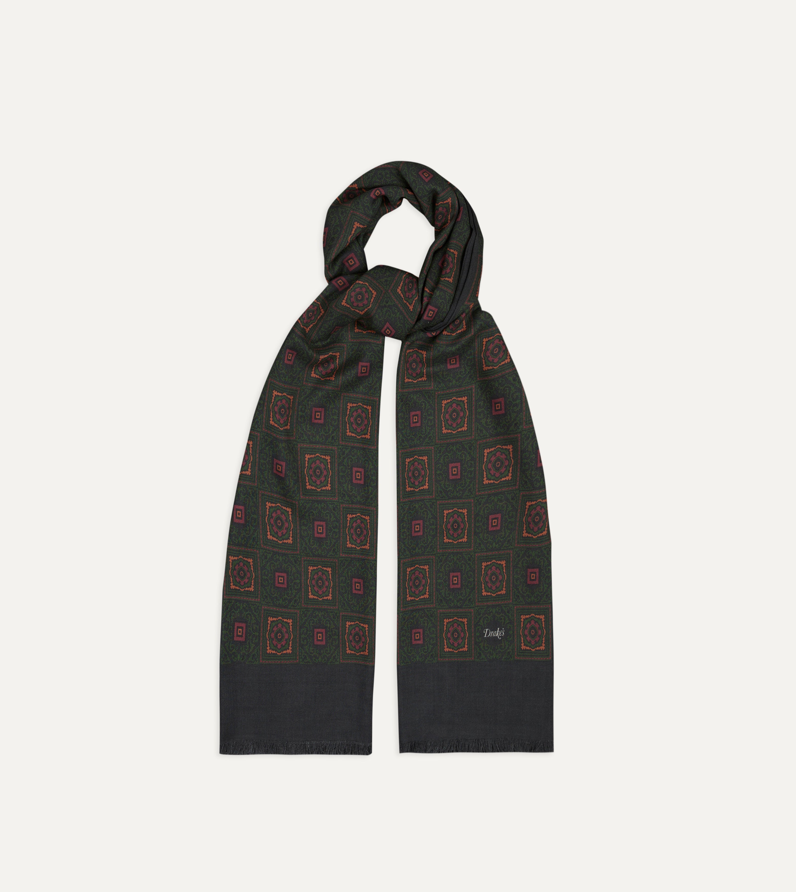 Dark Green and Brown Medallion Print Tubular Wool-Silk Scarf