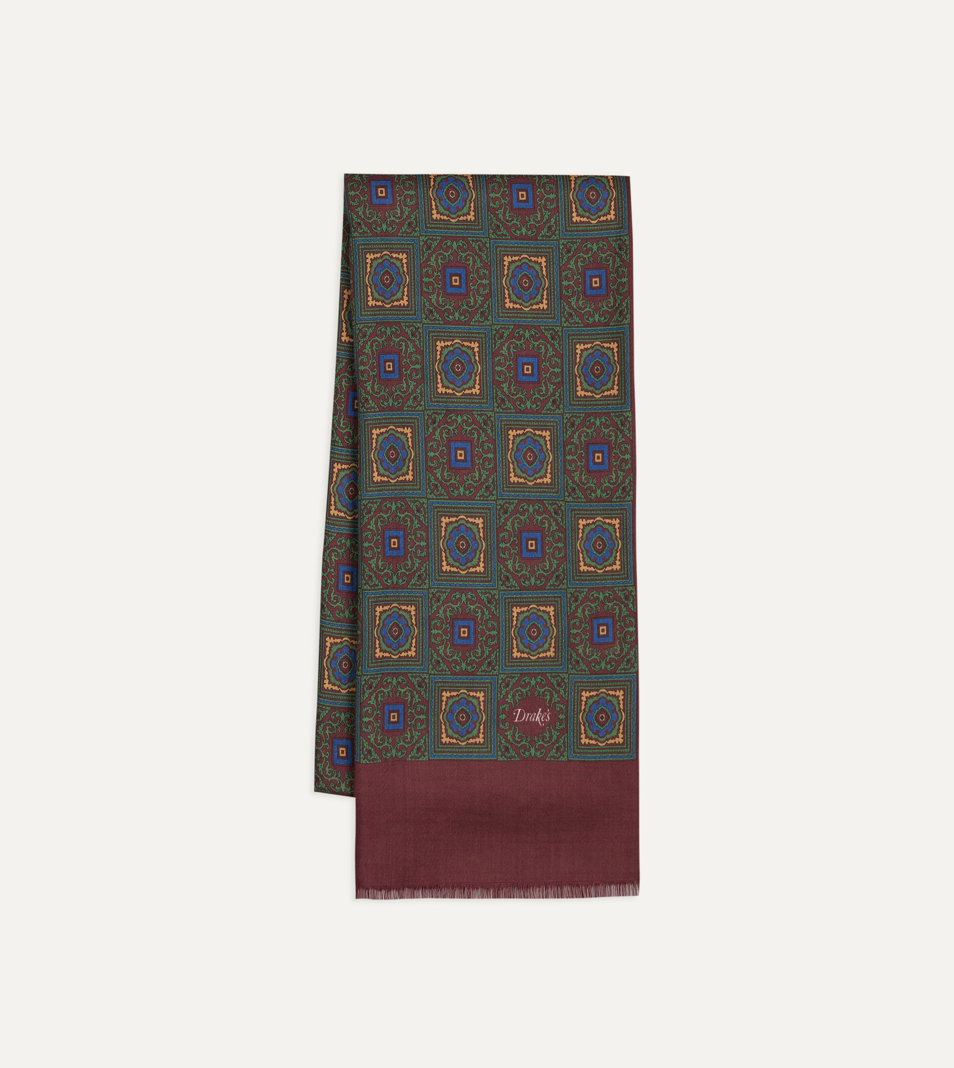 Green and Red Medallion Print Tubular Wool-Silk Scarf