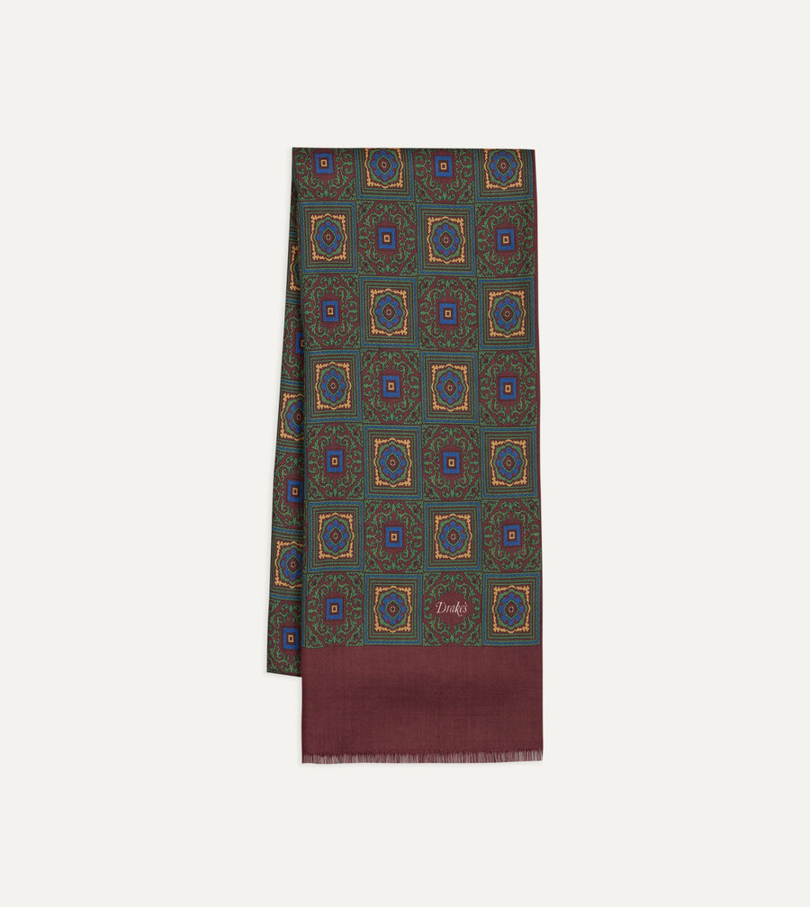 Green and Red Medallion Print Tubular Wool-Silk Scarf