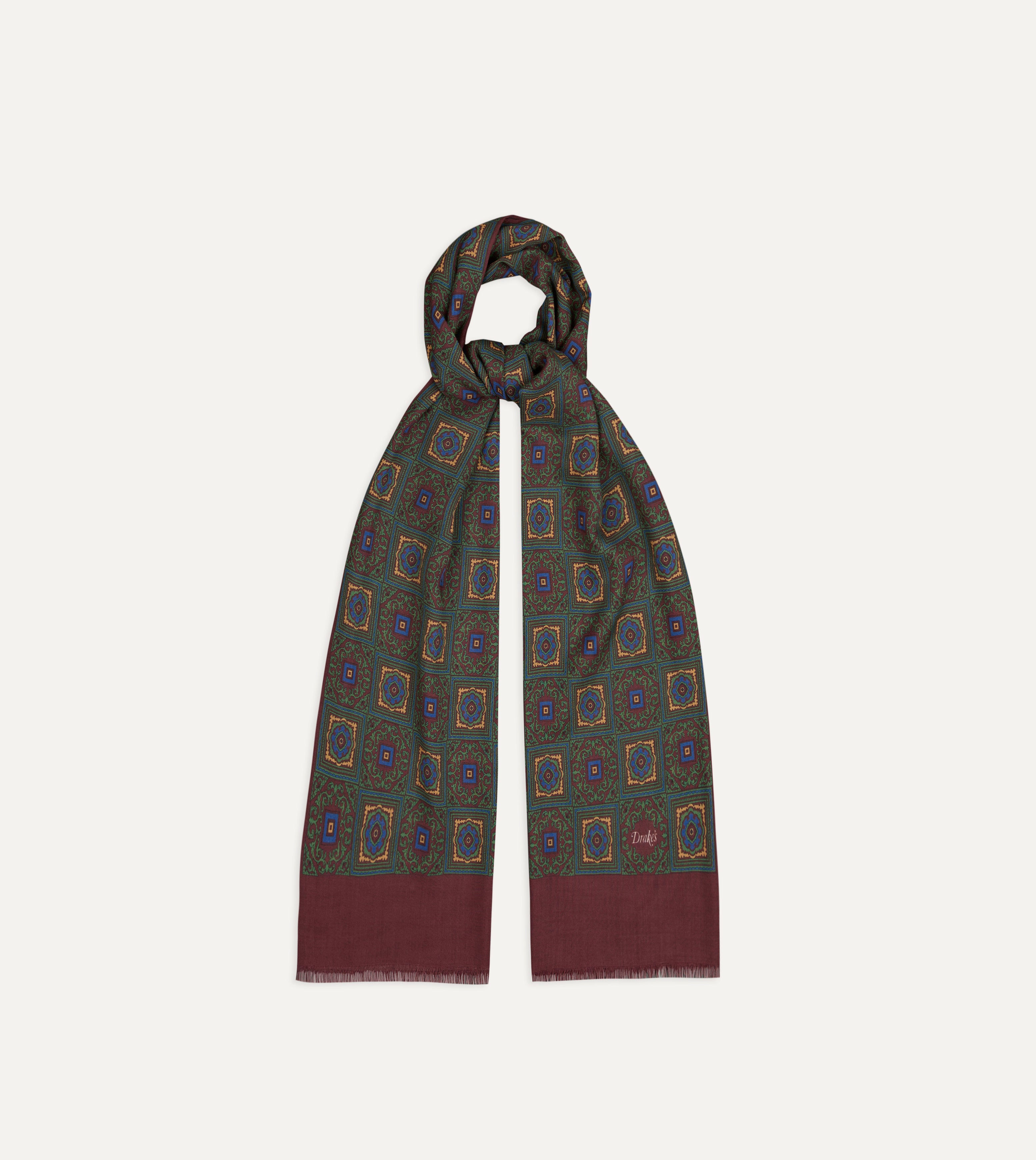 Green and Red Medallion Print Tubular Wool-Silk Scarf – Drakes US