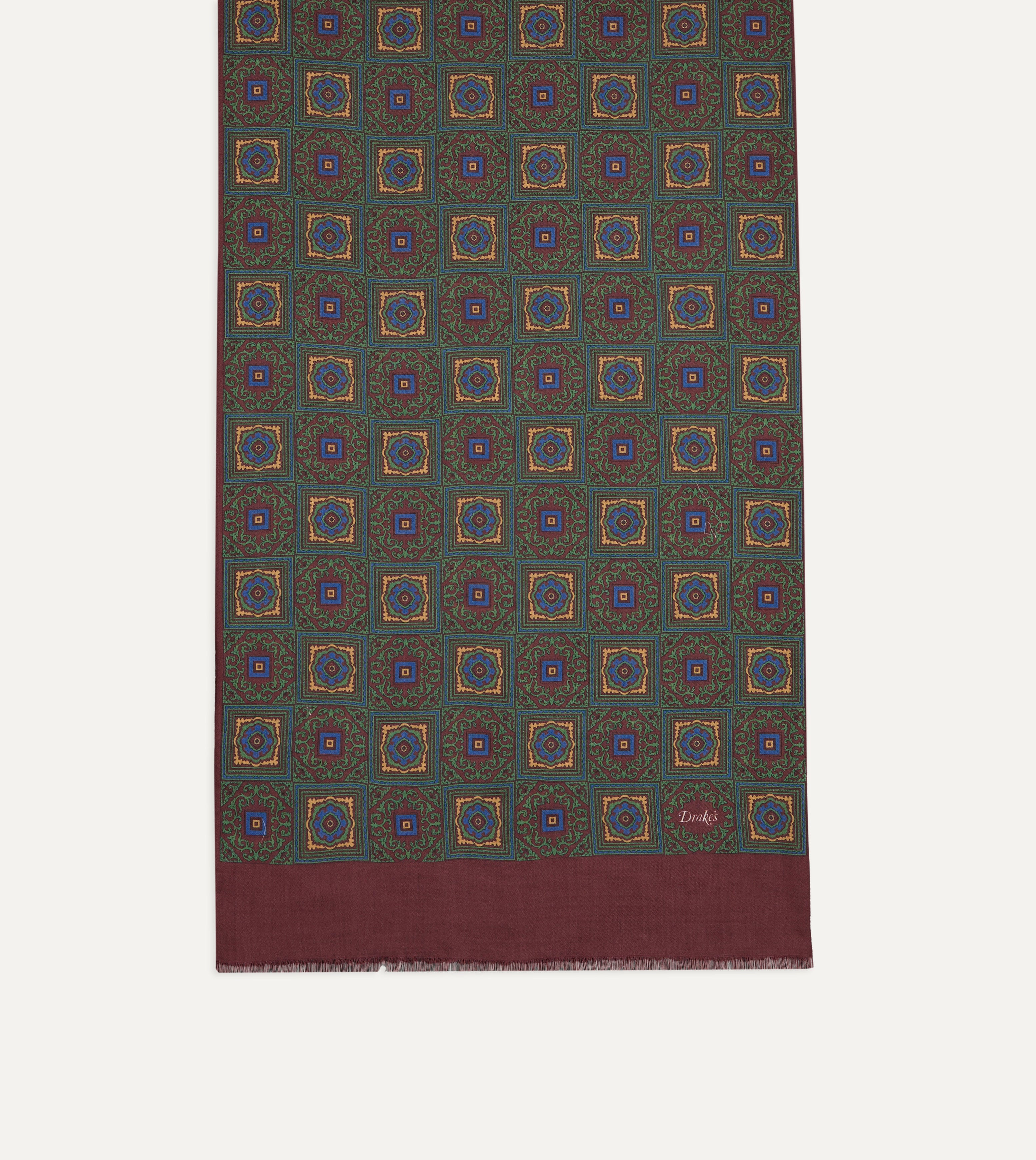 Green and Red Medallion Print Tubular Wool-Silk Scarf – Drakes US