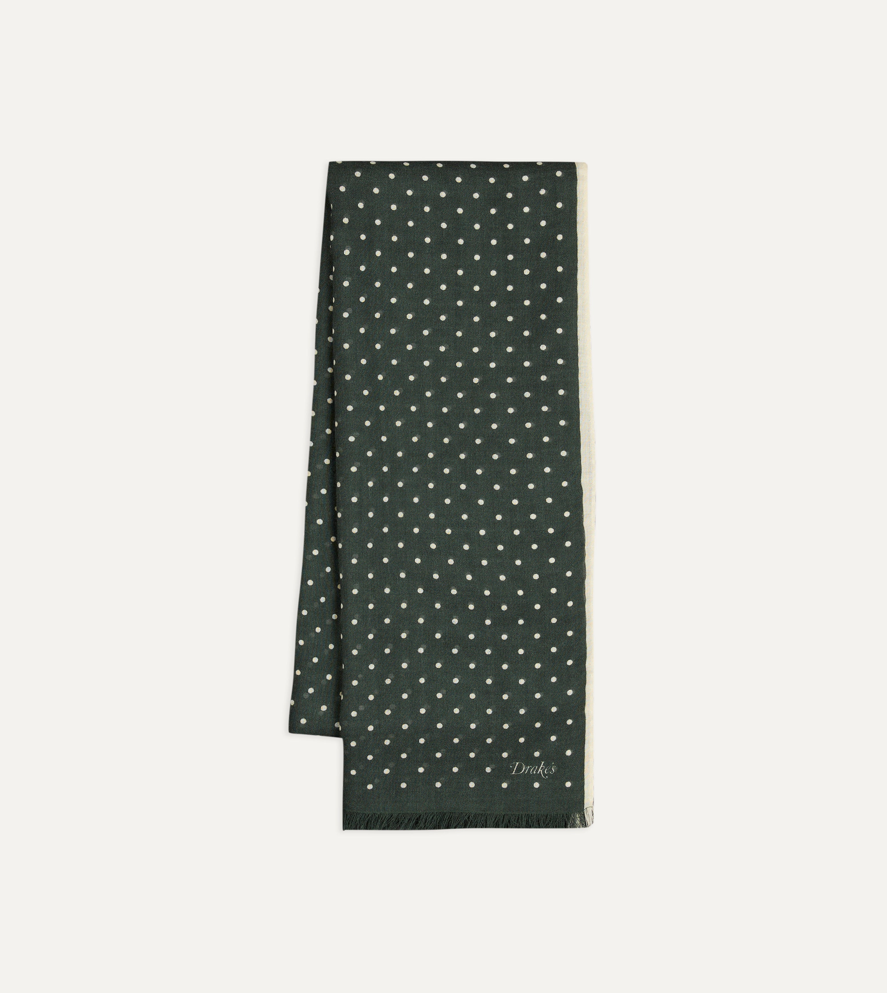 Green Polka Dot Print Shoestring Wool-Silk Scarf