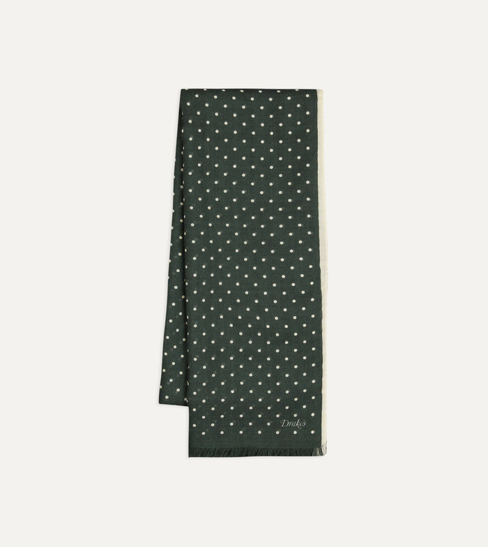 Green Polka Dot Print Shoestring Wool-Silk Scarf