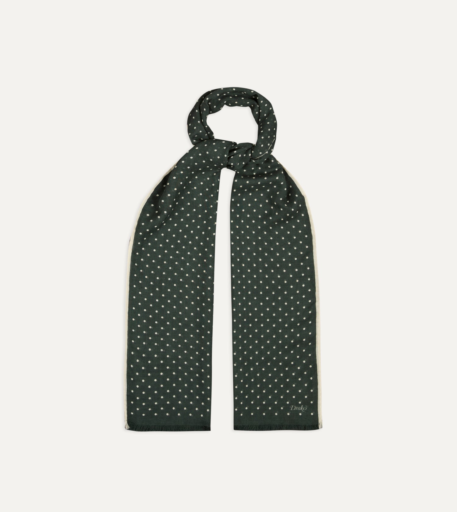 Green Polka Dot Print Shoestring Wool-Silk Scarf