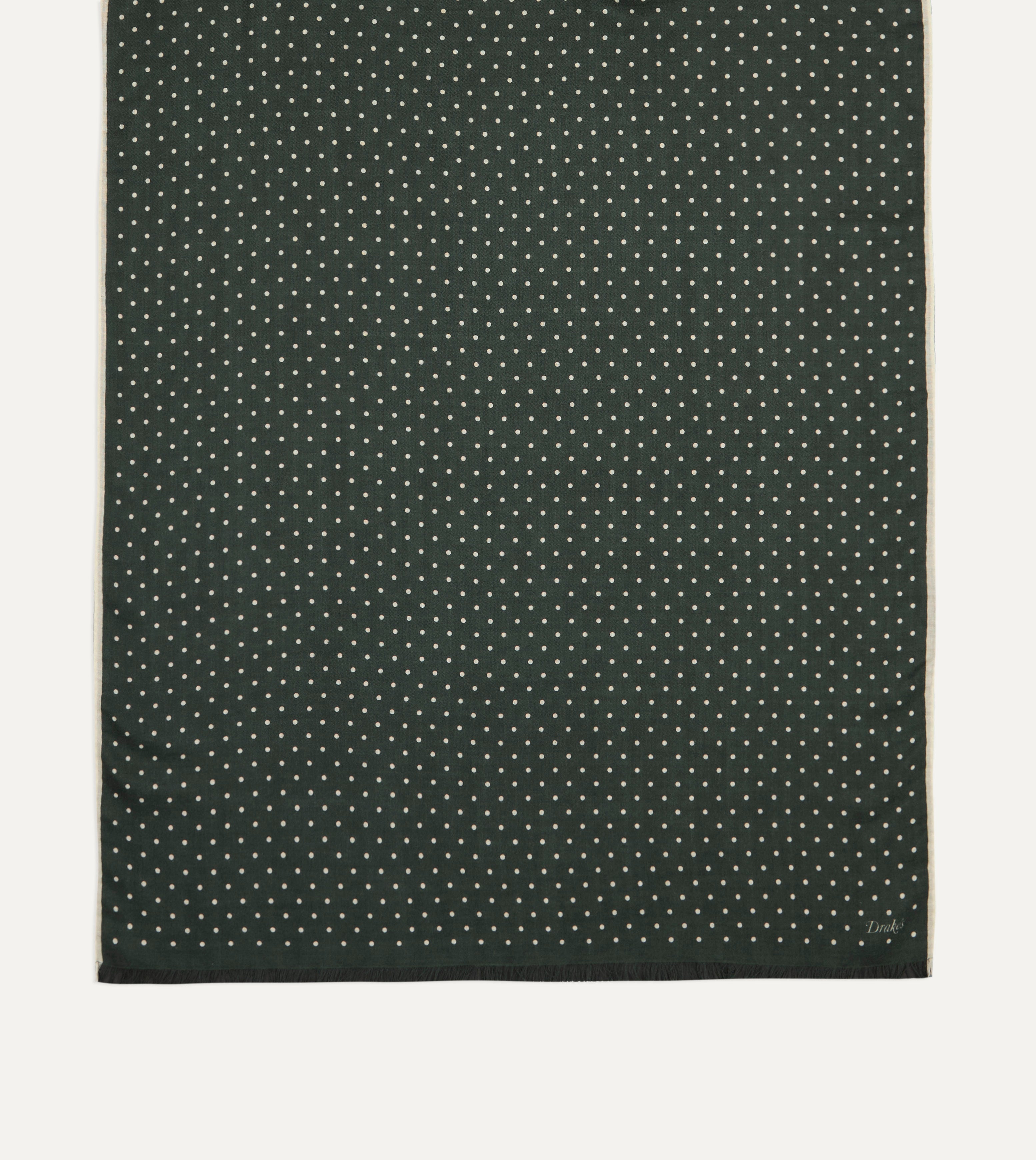 Green Polka Dot Print Shoestring Wool-Silk Scarf