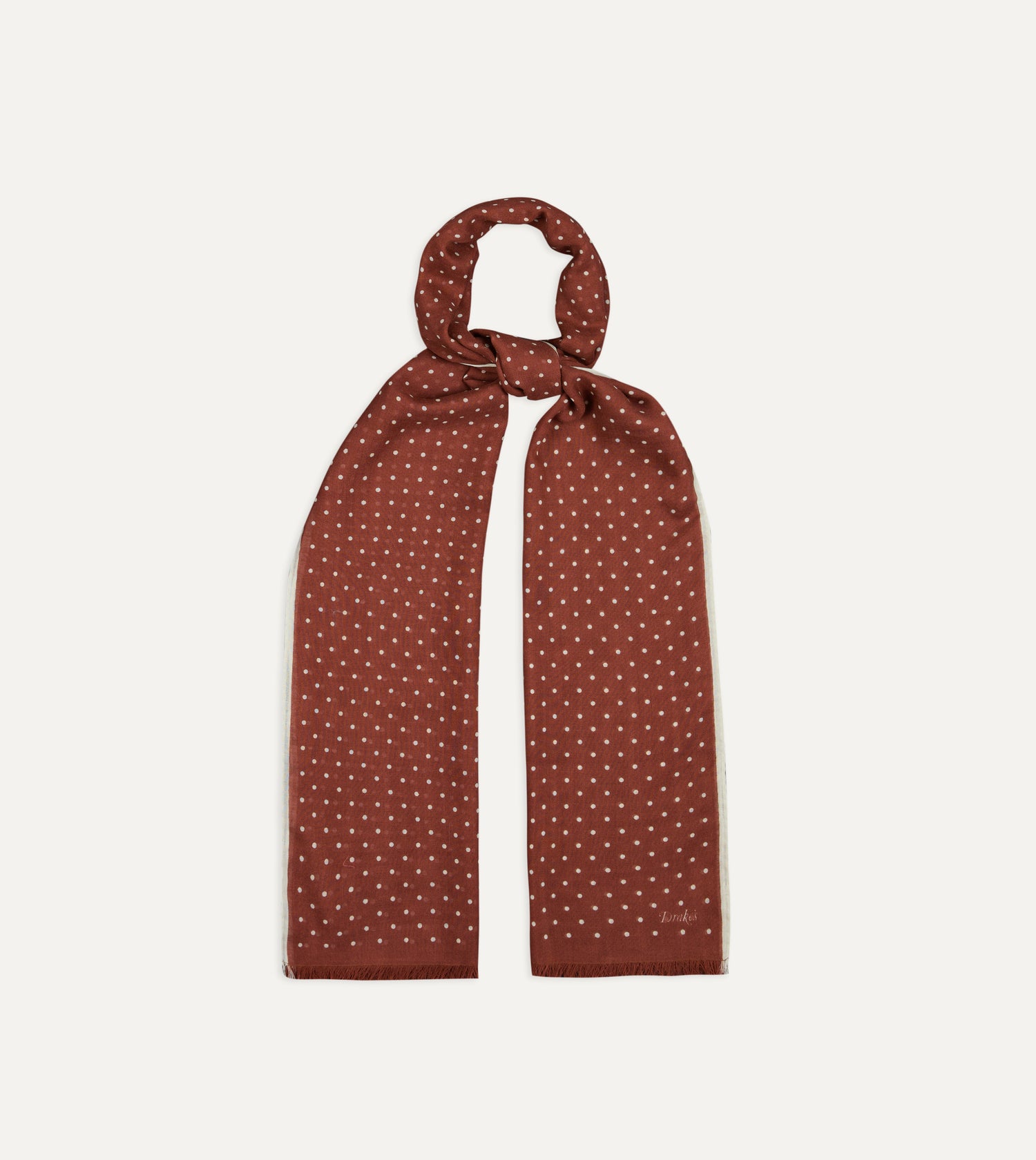 Burgundy Polka Dot Print Shoestring Wool-Silk Scarf