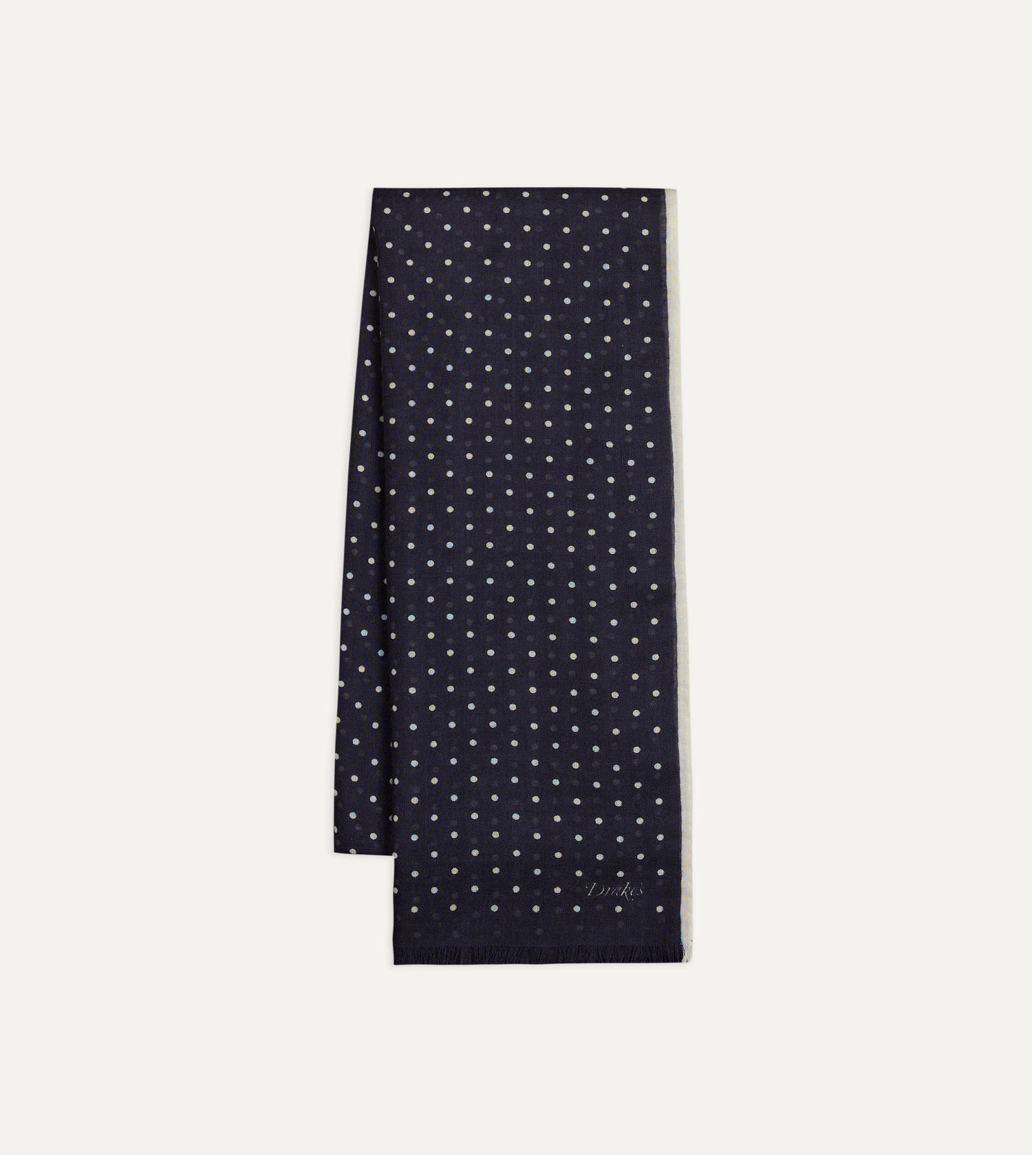 Navy Polka Dot Print Shoestring Wool-Silk Scarf