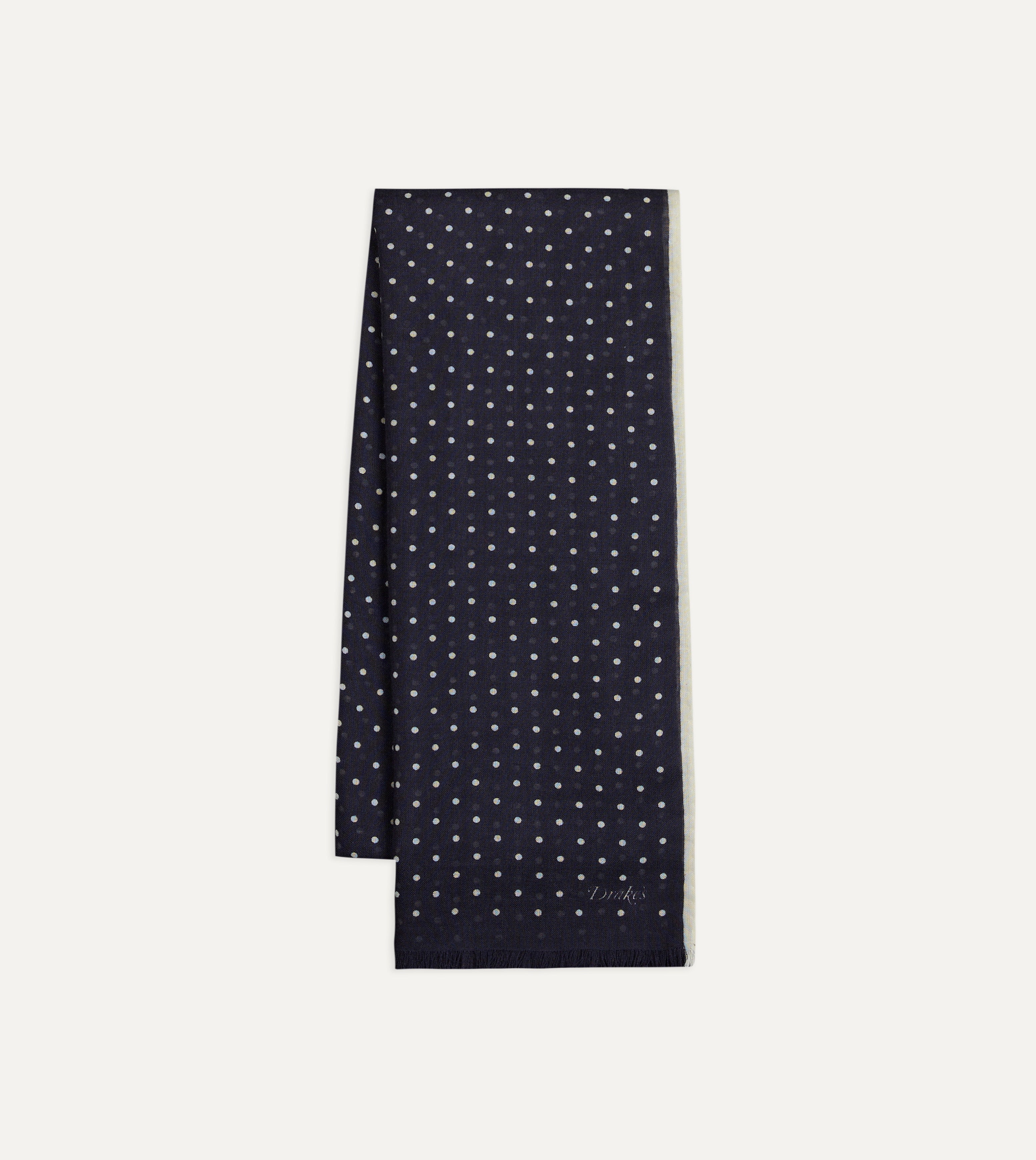 Navy Polka Dot Print Shoestring Wool-Silk Scarf