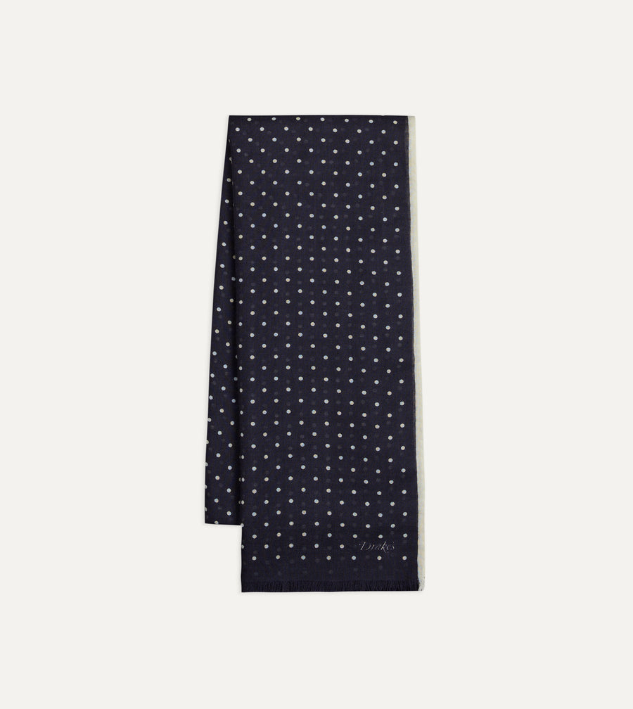 Navy Polka Dot Print Shoestring Wool-Silk Scarf