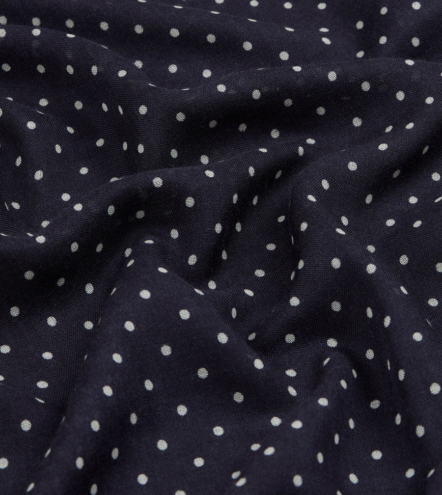 Navy Polka Dot Print Shoestring Wool-Silk Scarf