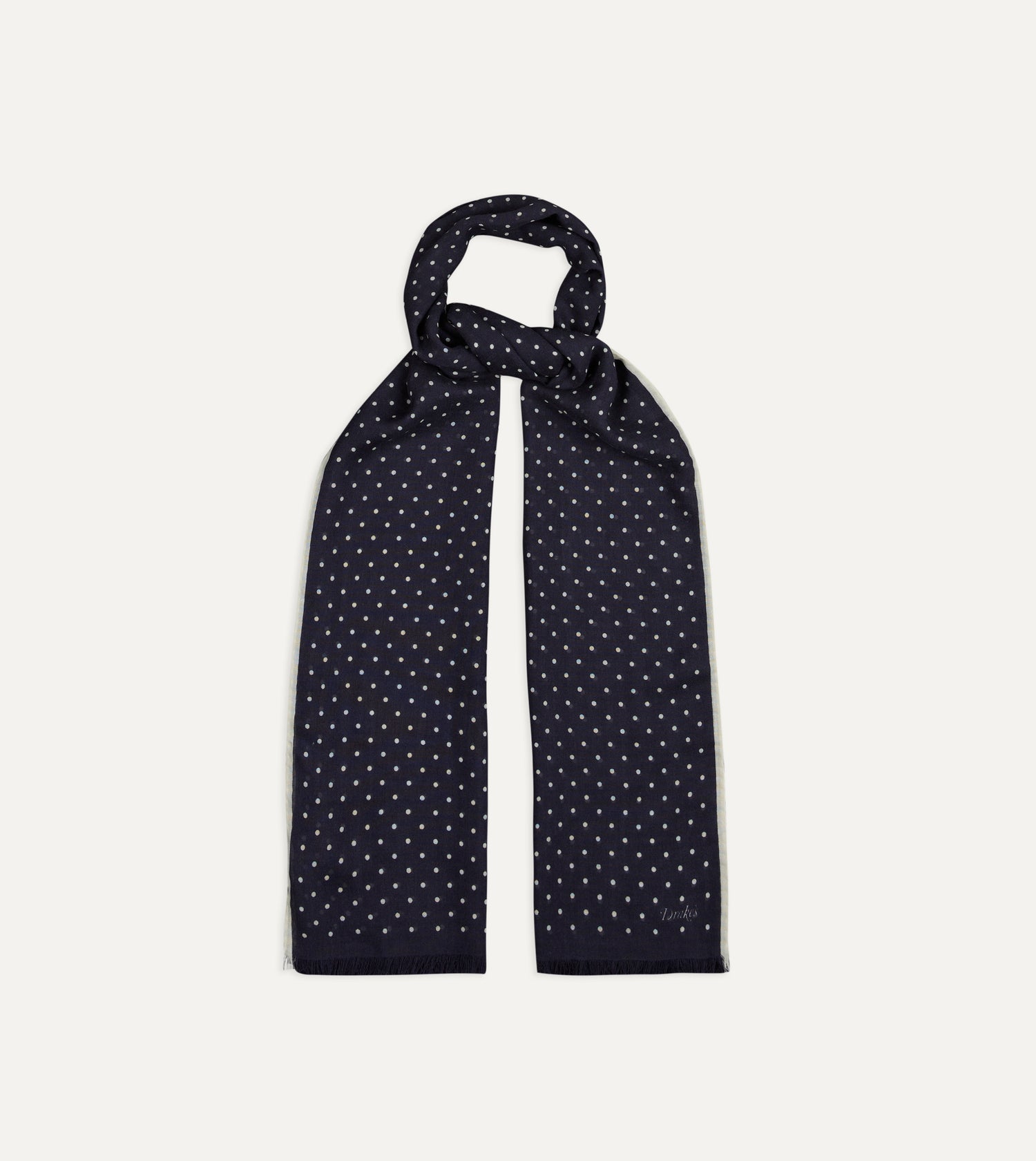 Navy Polka Dot Print Shoestring Wool-Silk Scarf