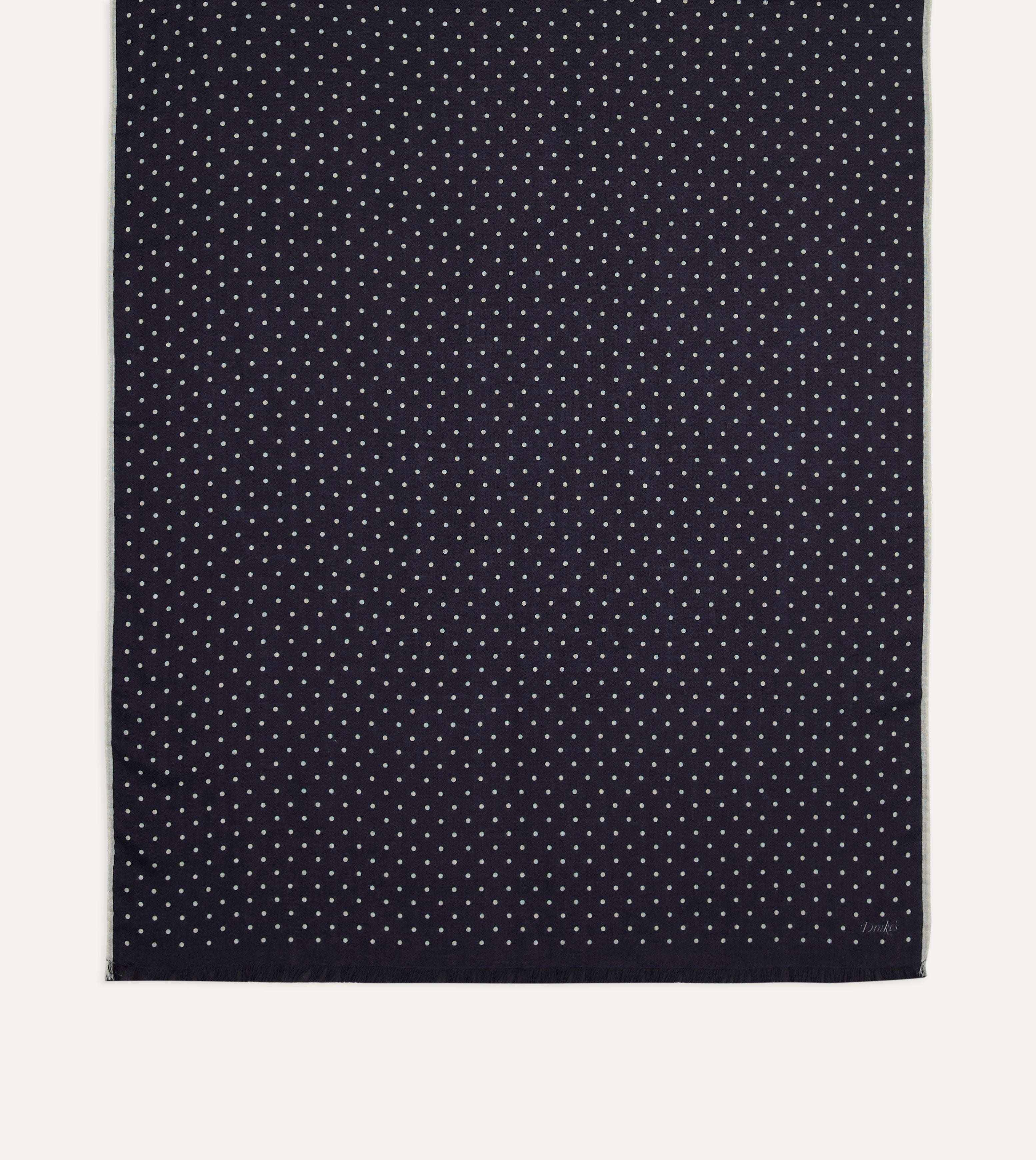 Navy Polka Dot Print Shoestring Wool-Silk Scarf