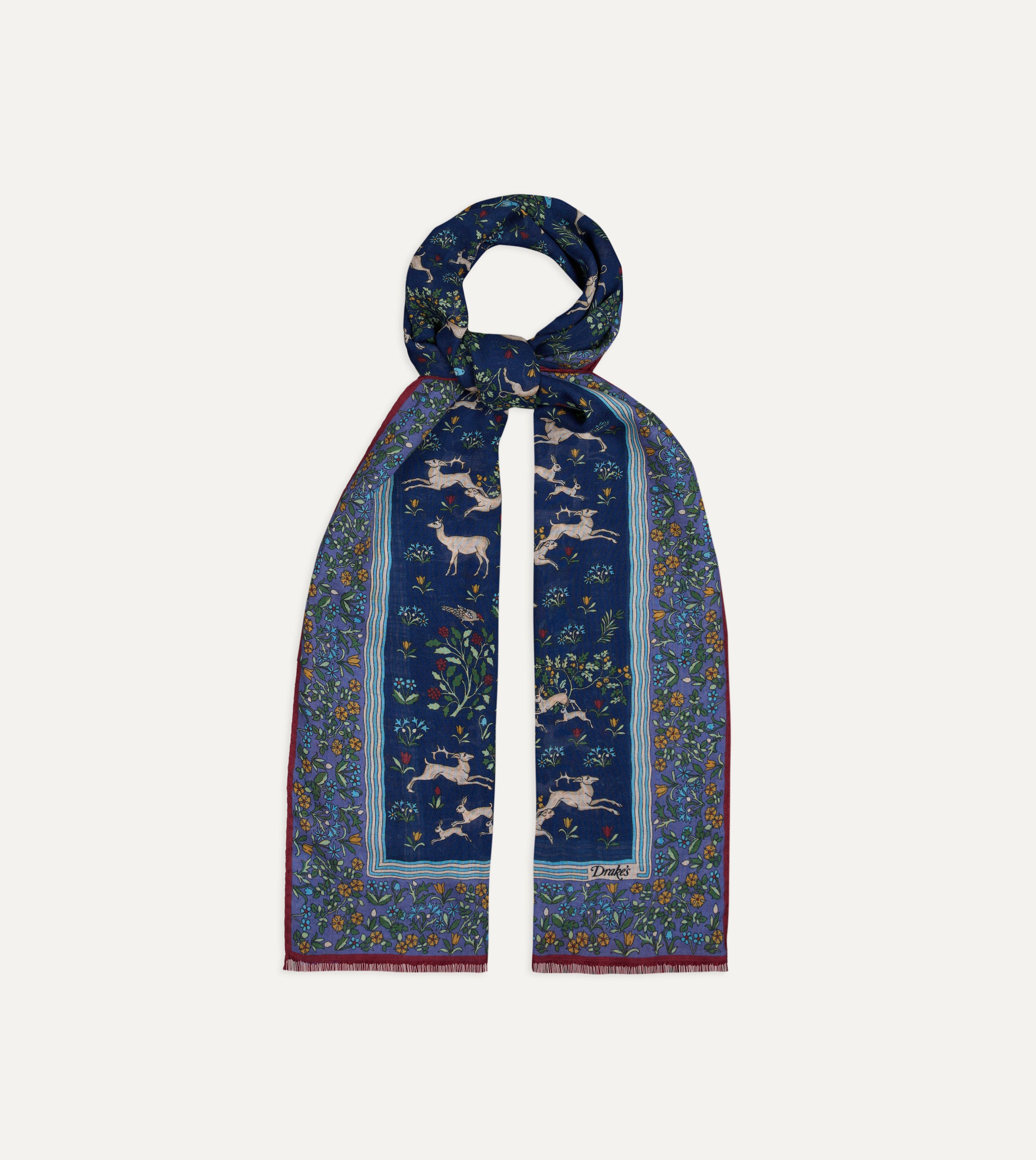 Drake's 動物柄 ネイビー スカーフ ウールシルク Navy Archival Animals Print Wool-Silk Scarf – Drakes US
