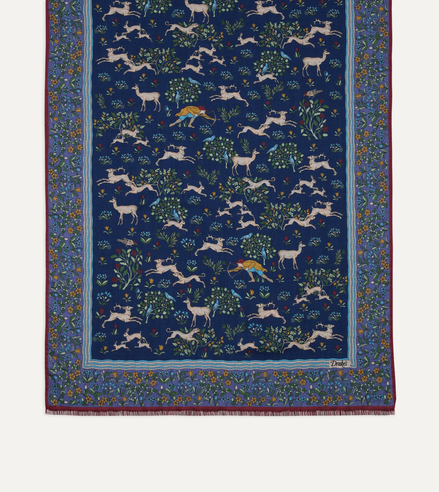 Navy Archival Animals Print Wool-Silk Scarf