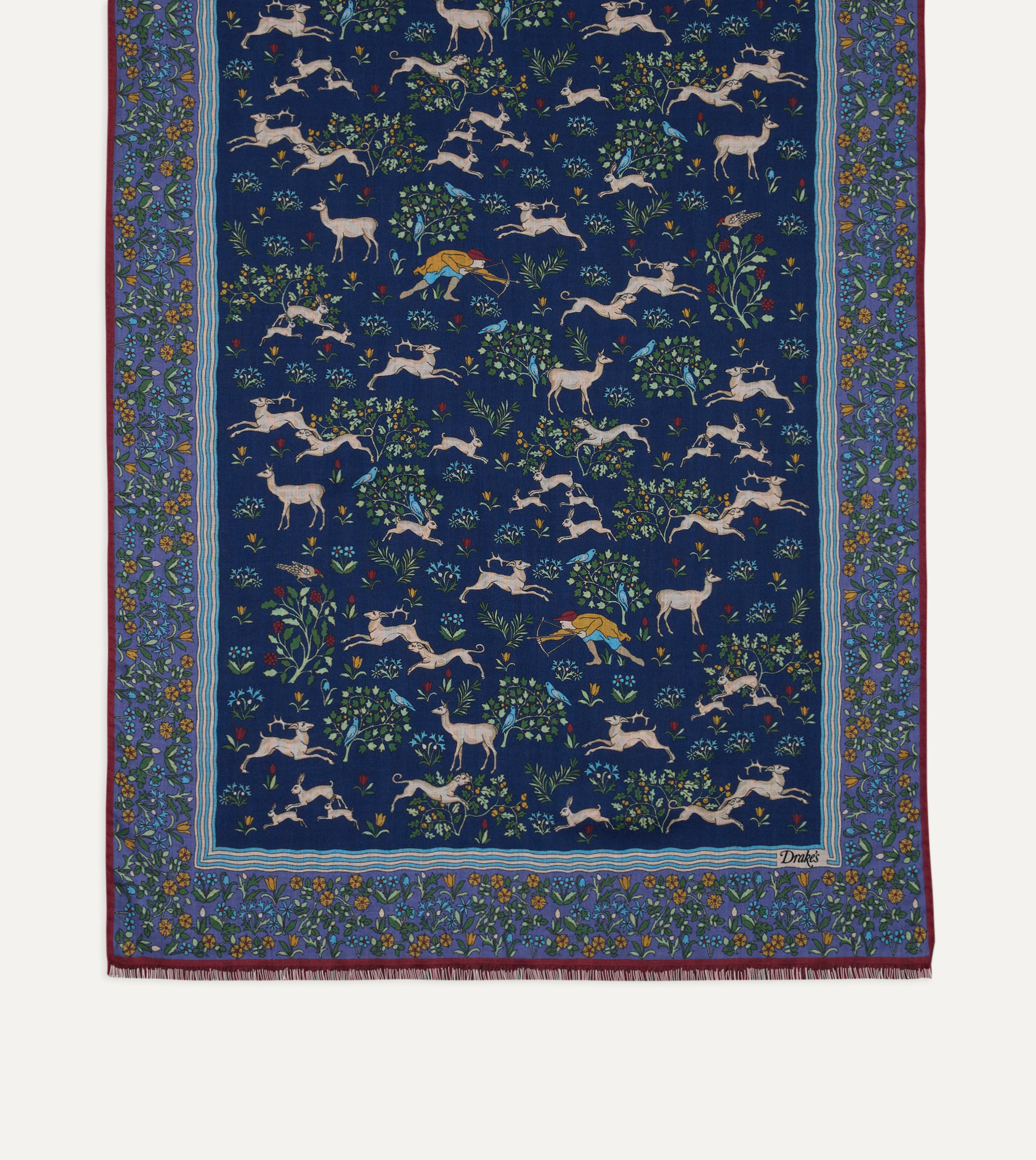 Navy Archival Animals Print Wool-Silk Scarf