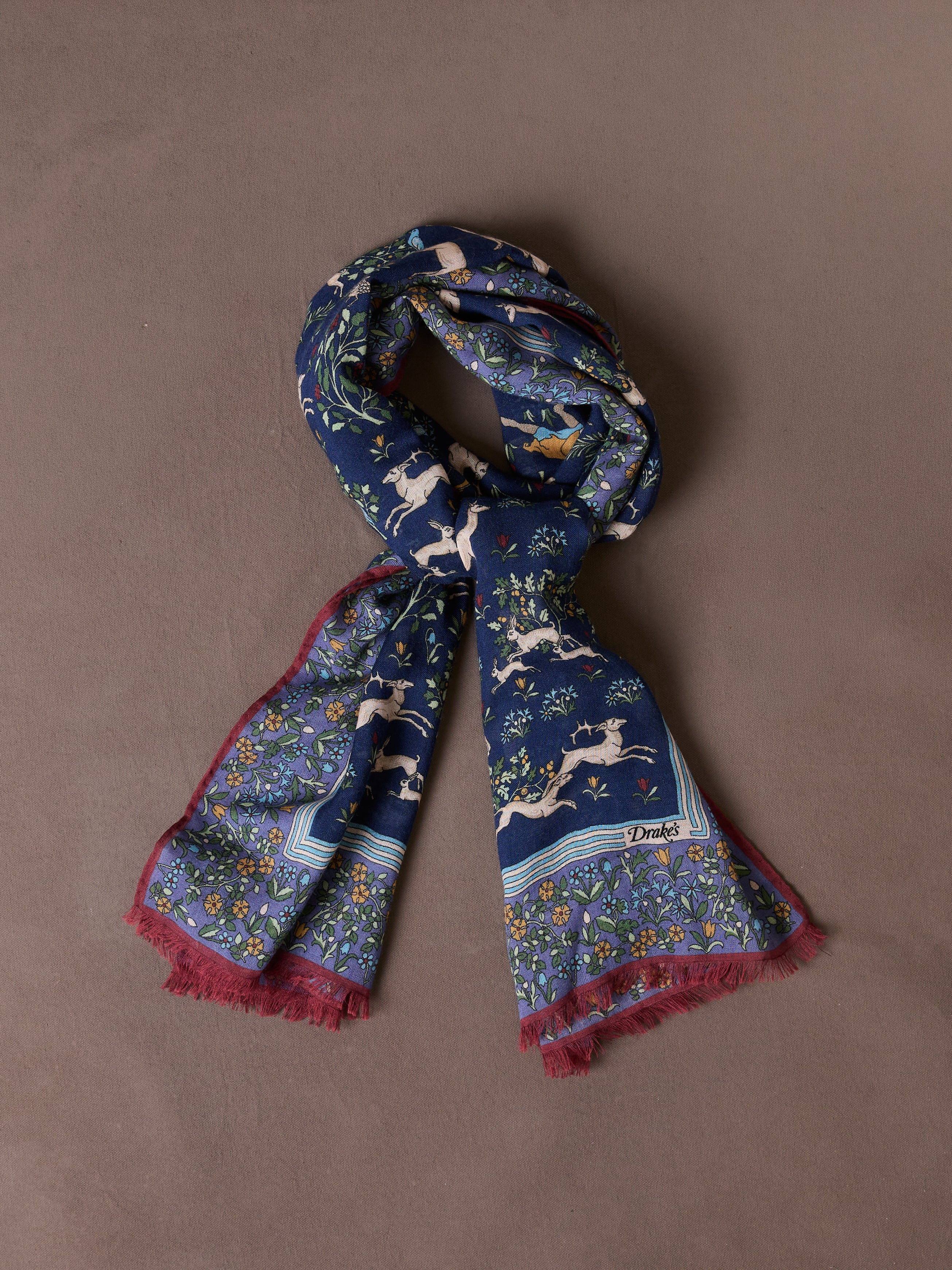 Navy Archival Animals Print Wool-Silk Scarf – Drakes US
