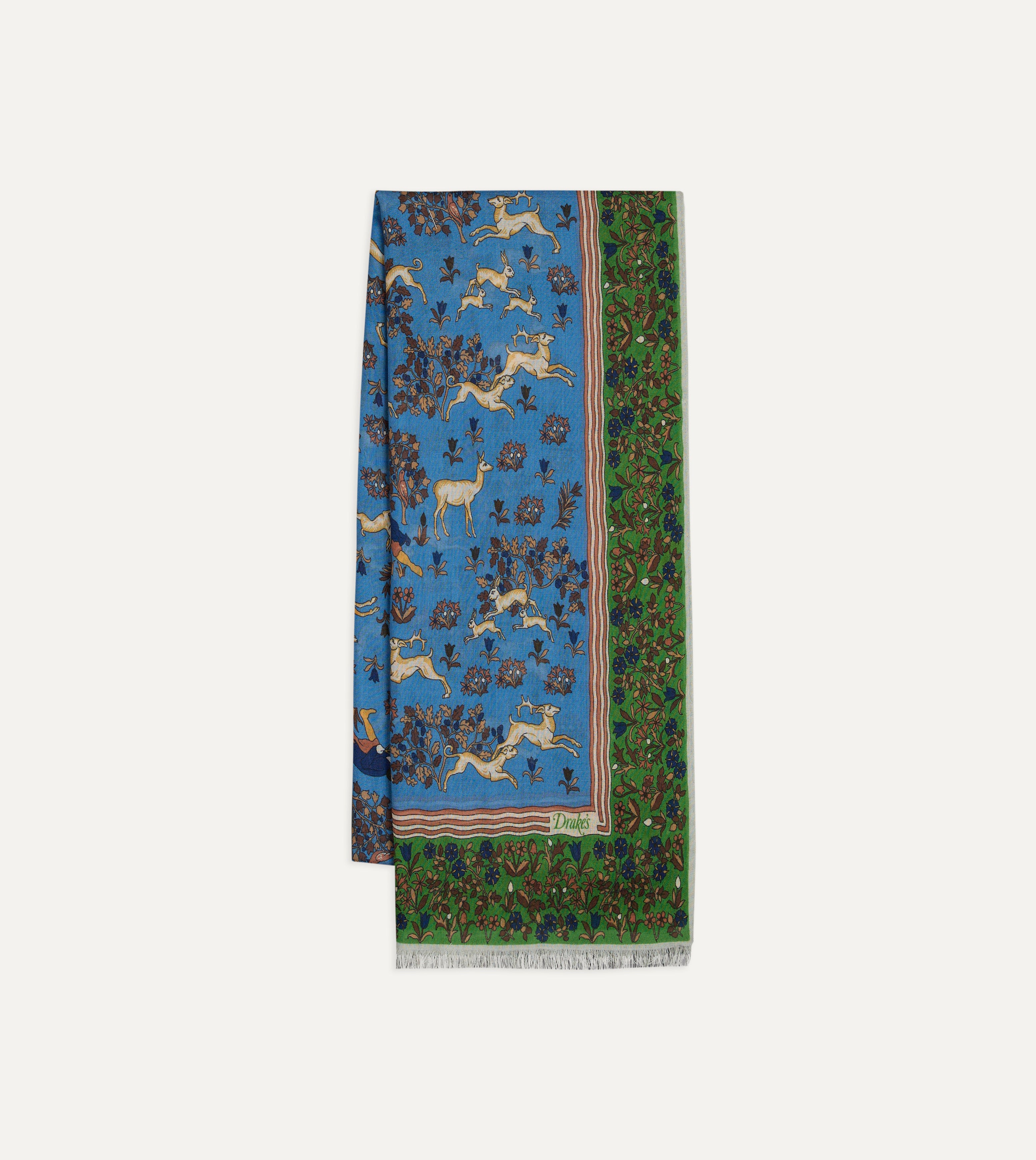 Blue Archival Animals Print Wool-Silk Scarf