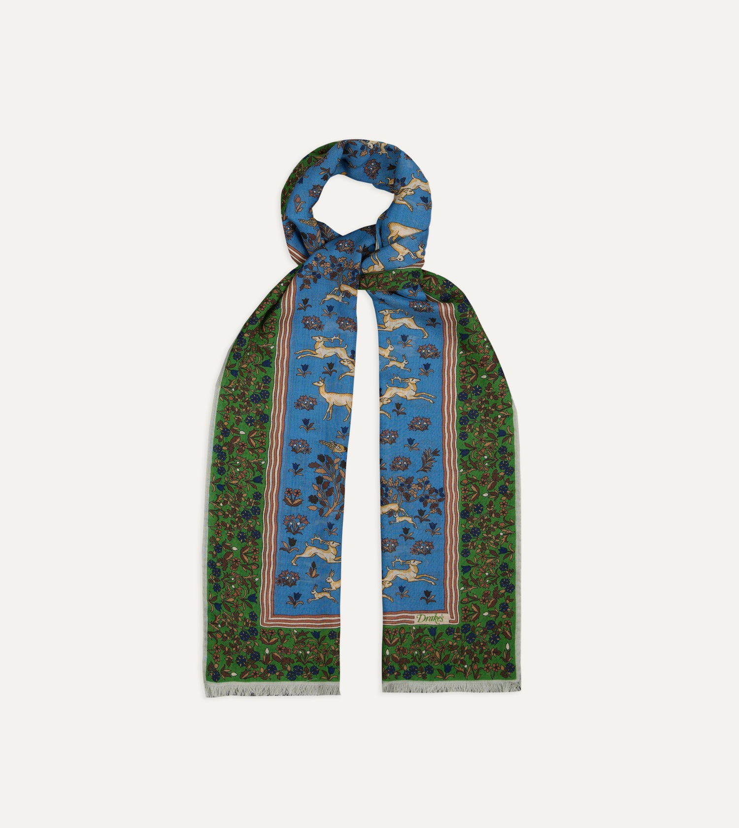 Blue Archival Animals Print Wool-Silk Scarf