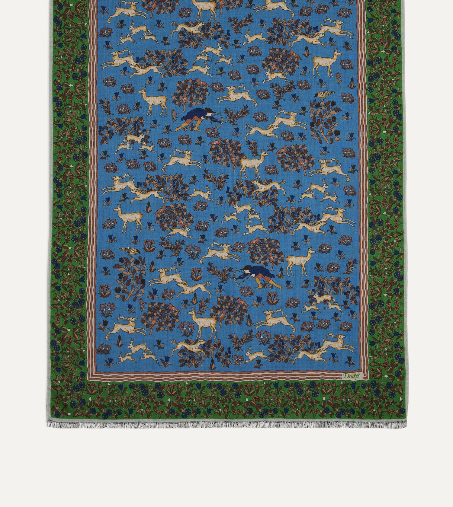 Blue Archival Animals Print Wool-Silk Scarf