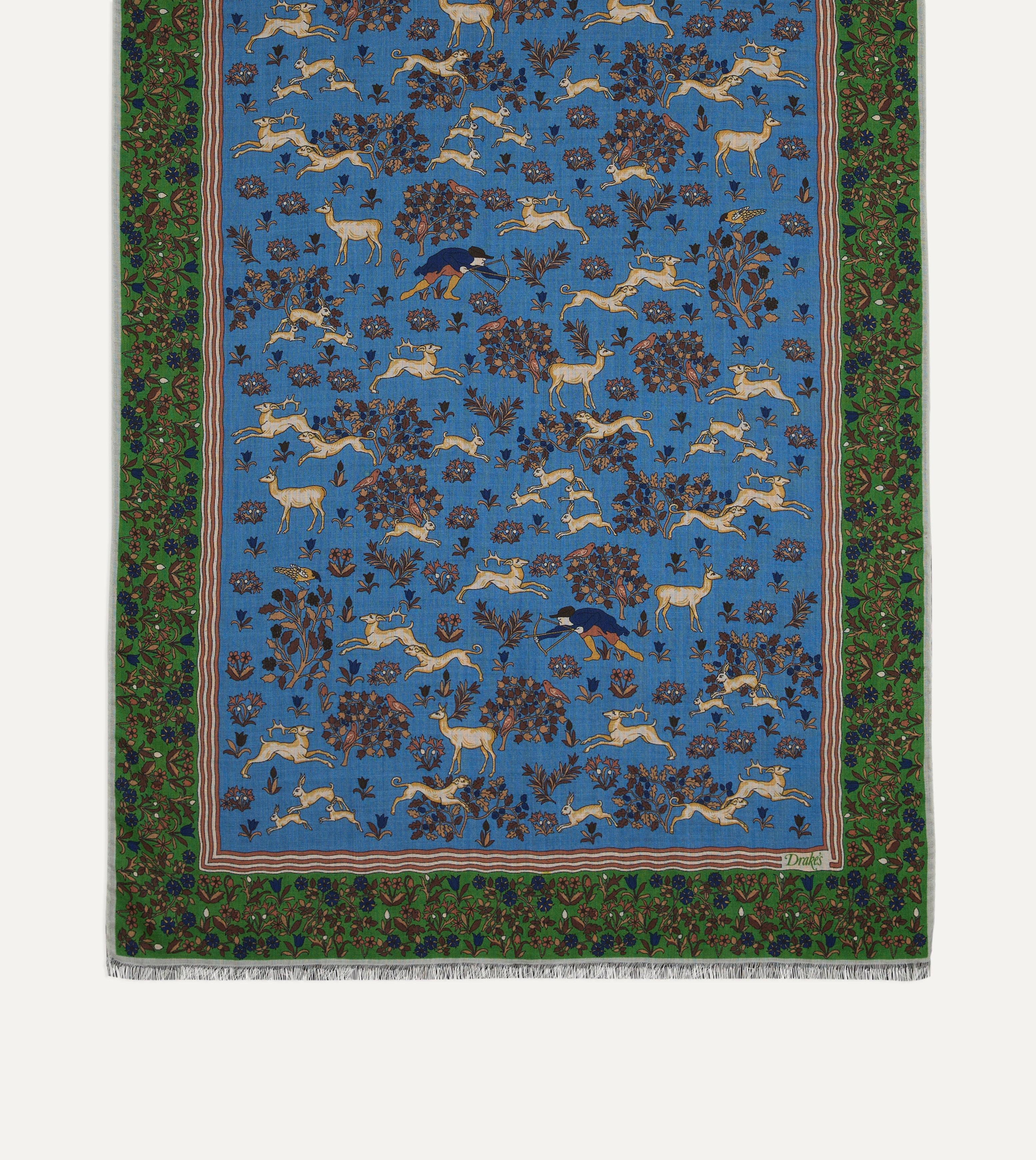 Blue Archival Animals Print Wool-Silk Scarf