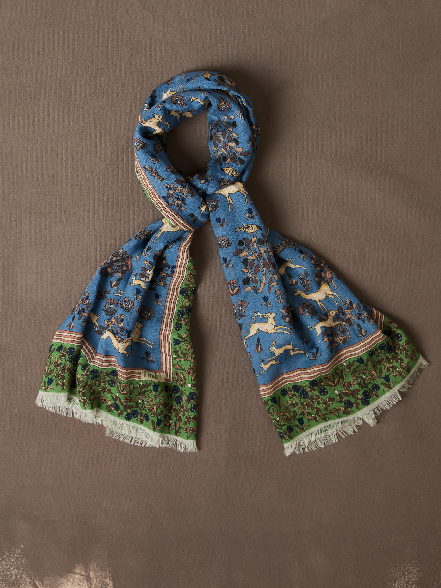 Blue Archival Animals Print Wool-Silk Scarf