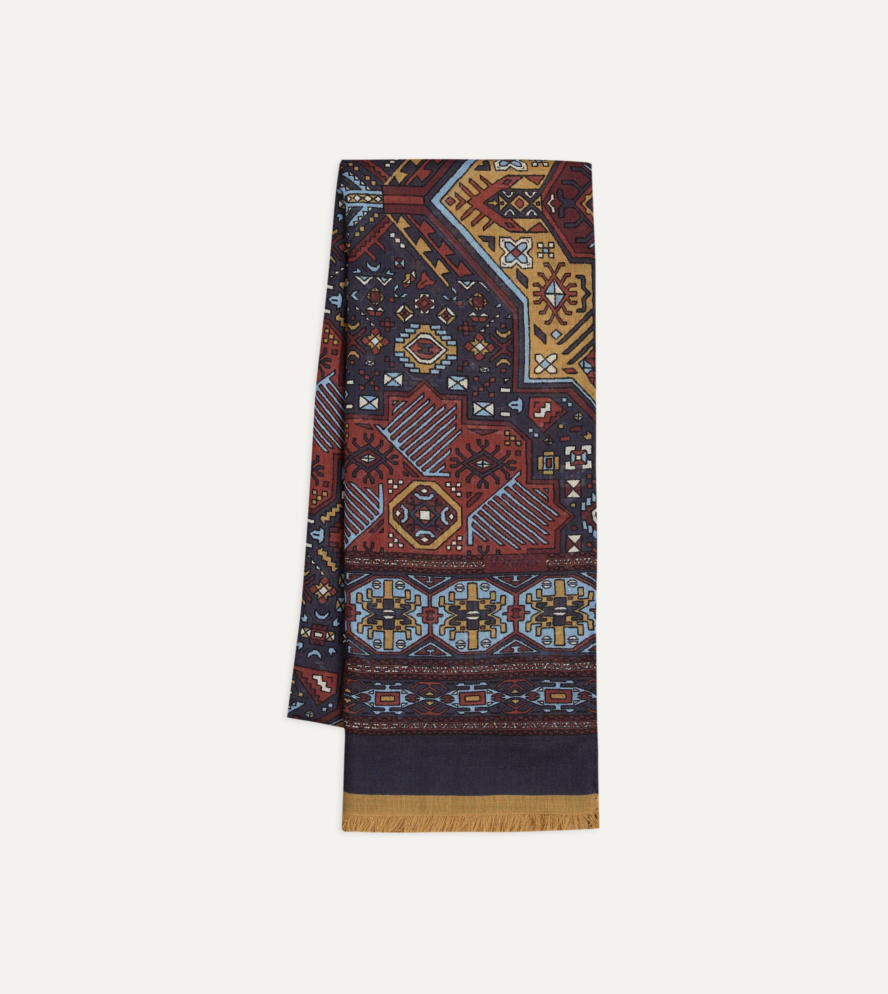 Navy and Blue Kelim Print Wool Silk Scarf