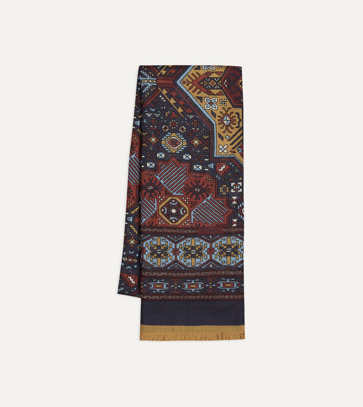 Navy and Blue Kelim Print Wool Silk Scarf