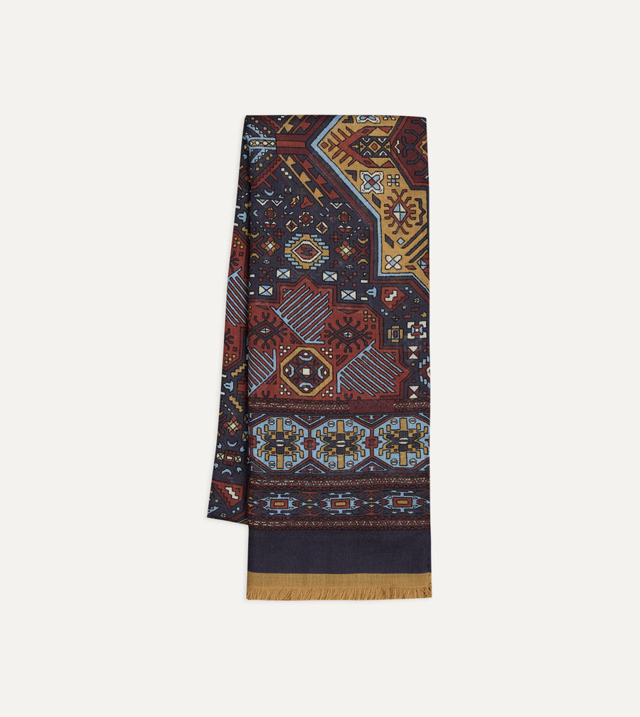 Navy and Blue Kelim Print Wool Silk Scarf