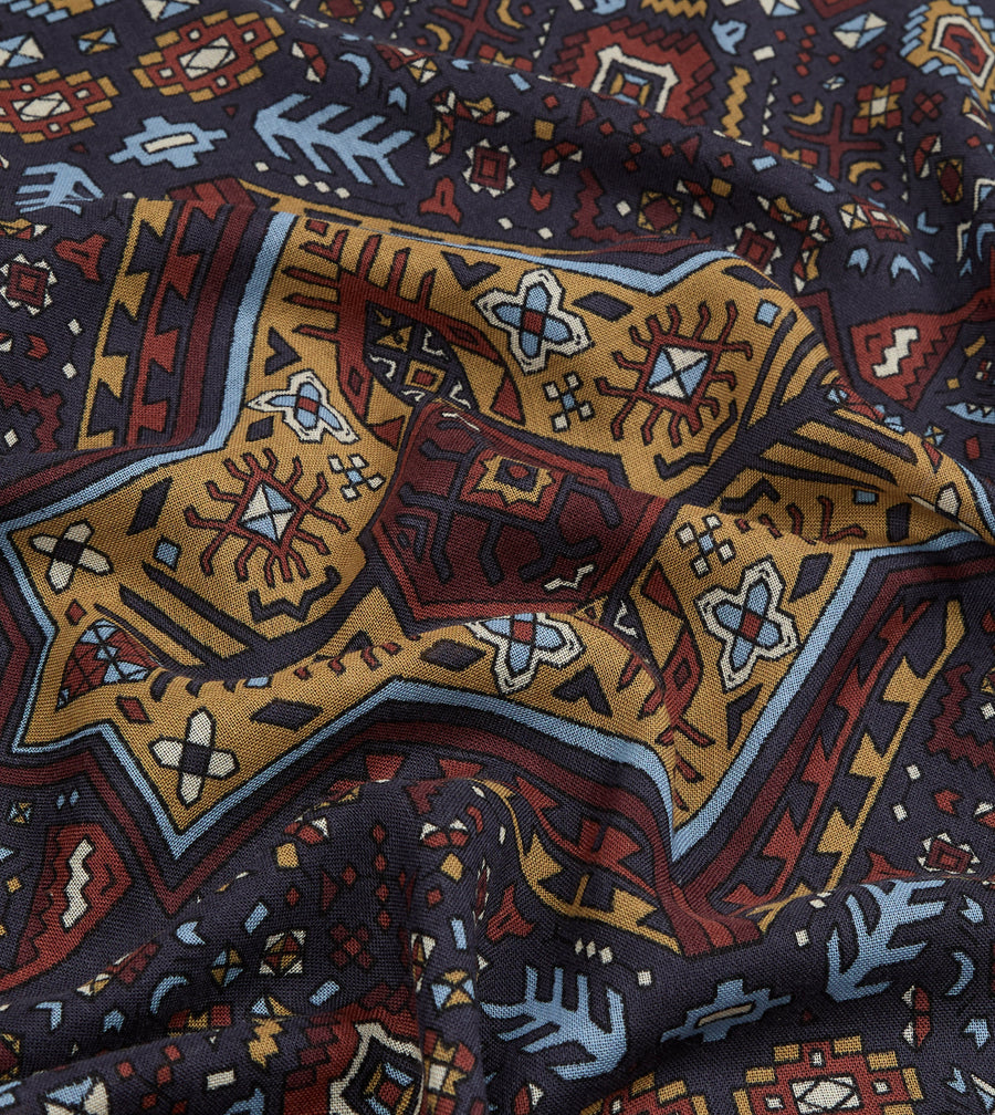 Navy and Blue Kelim Print Wool Silk Scarf