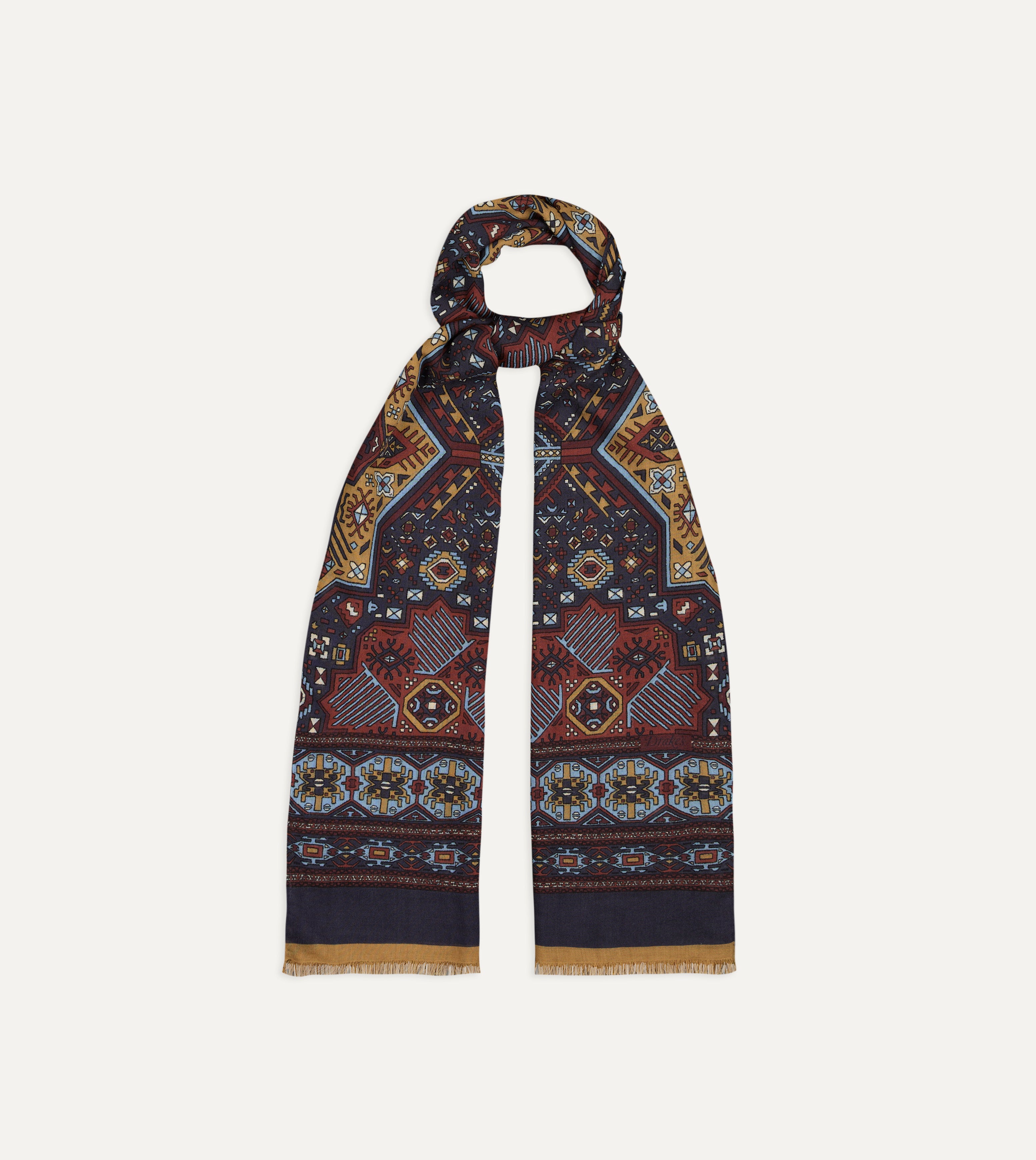 Navy and Blue Kelim Print Wool Silk Scarf
