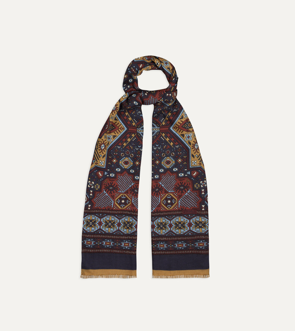 Navy and Blue Kelim Print Wool Silk Scarf