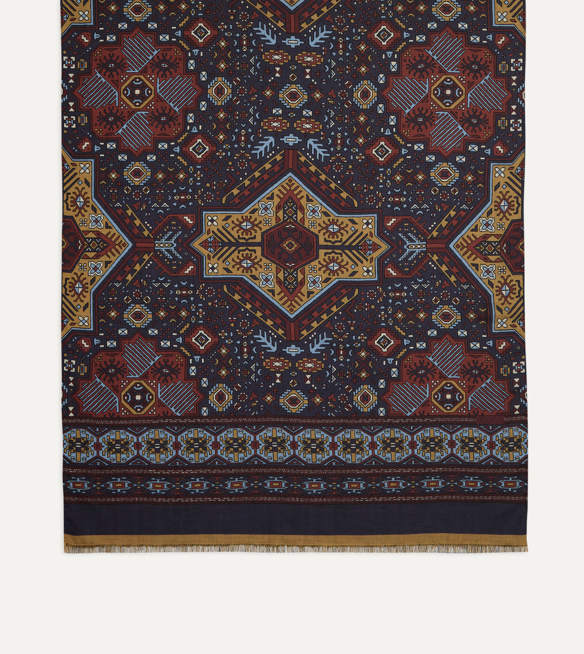 Navy and Blue Kelim Print Wool Silk Scarf