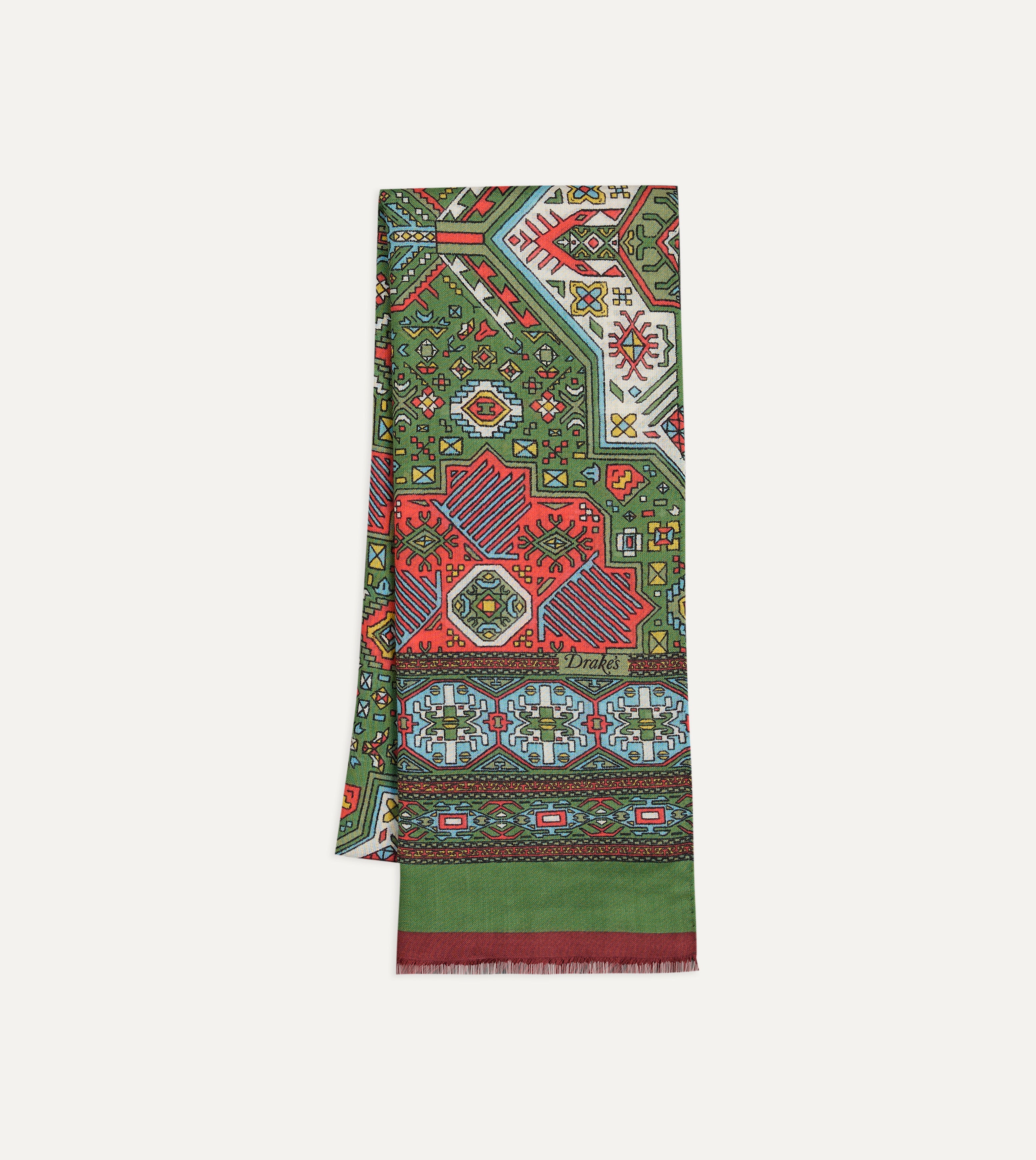 Green and Red Kelim Print Wool Silk Scarf