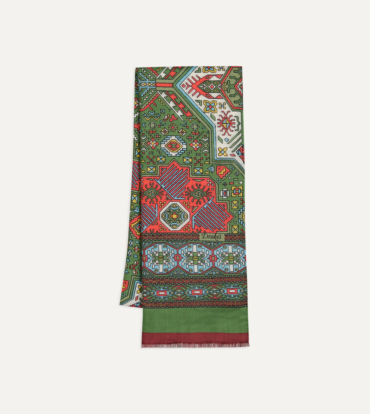 Green and Red Kelim Print Wool Silk Scarf