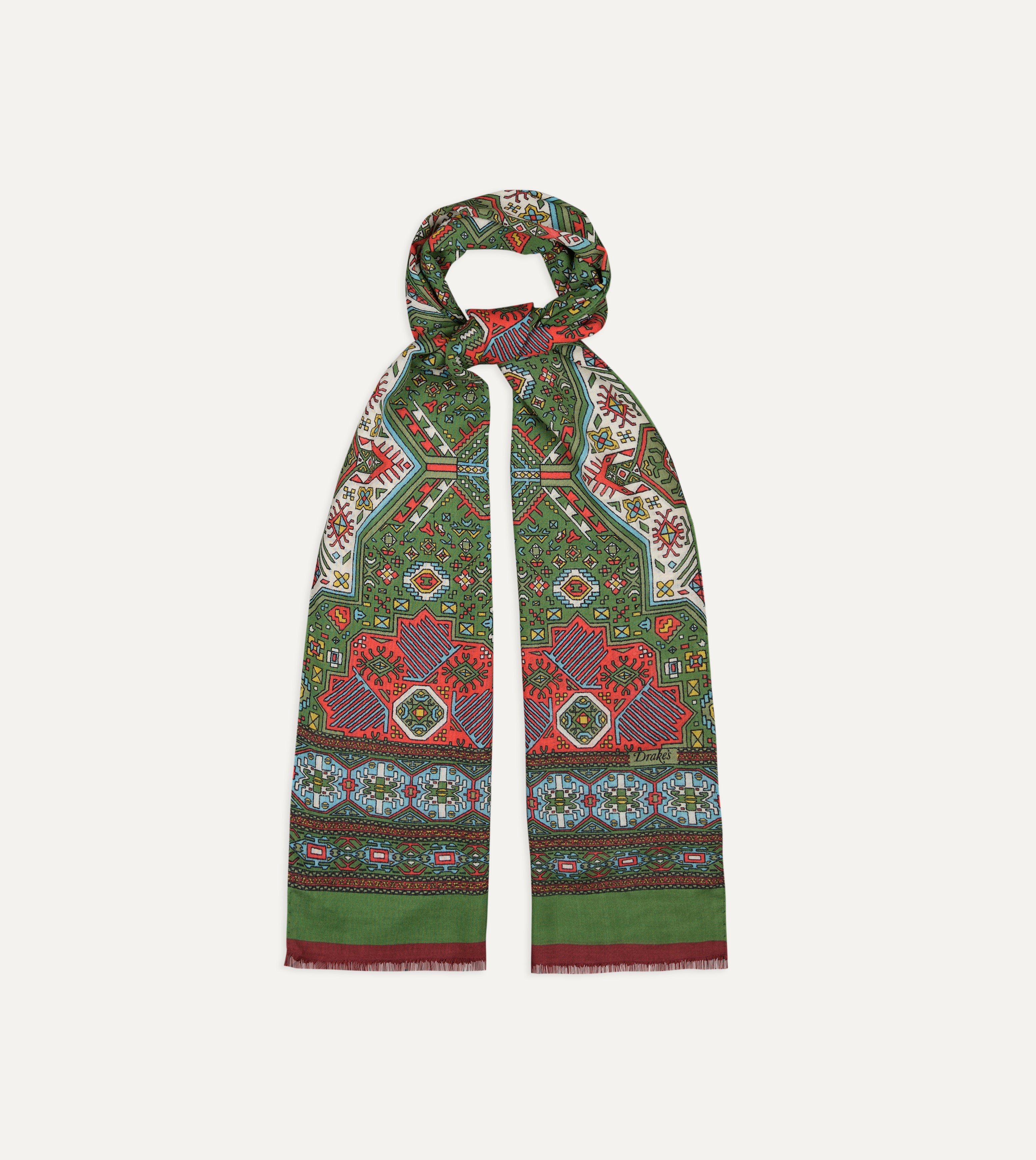 Green and Red Kelim Print Wool Silk Scarf