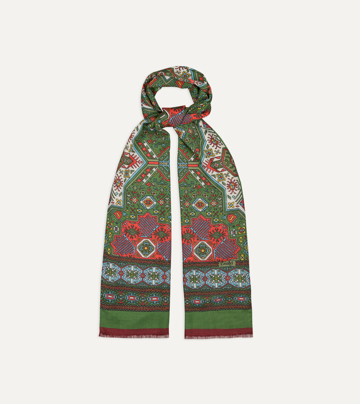 Green and Red Kelim Print Wool Silk Scarf