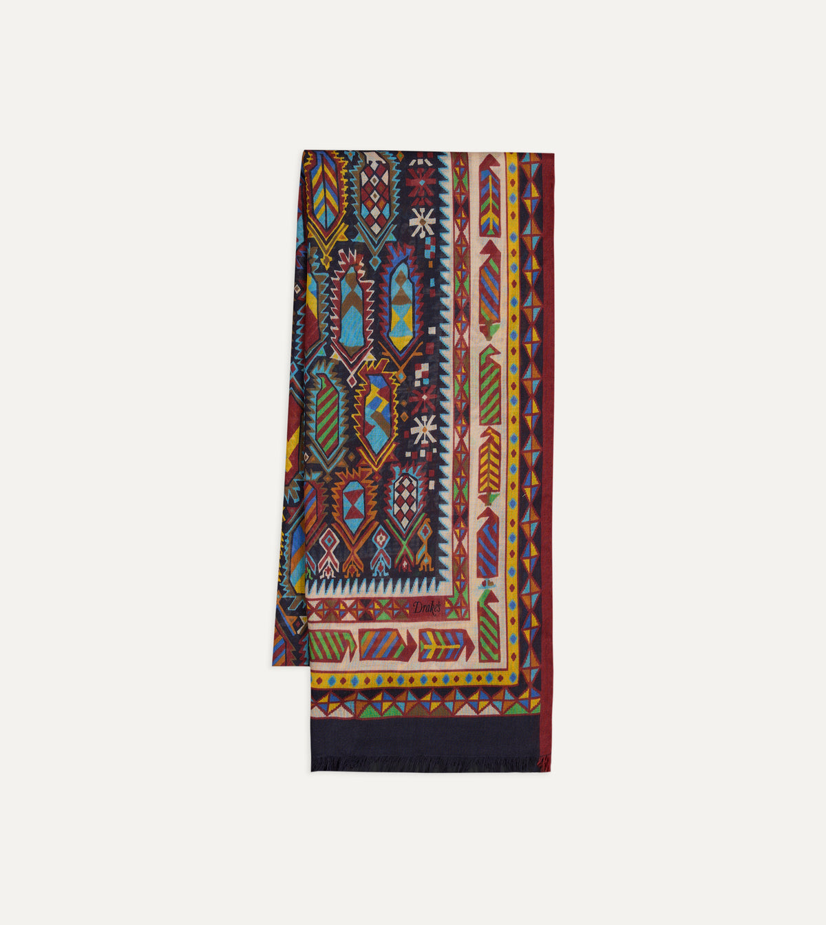 Purple and Navy Woven Print Wool Silk Scarf