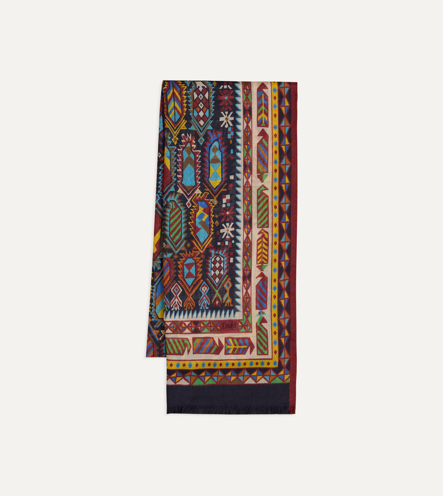 Purple and Navy Woven Print Wool Silk Scarf