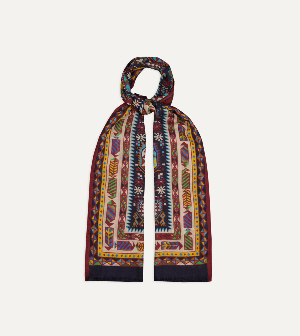 Purple and Navy Woven Print Wool Silk Scarf