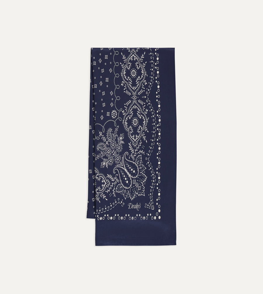 Navy Bandana Print Silk Scarf