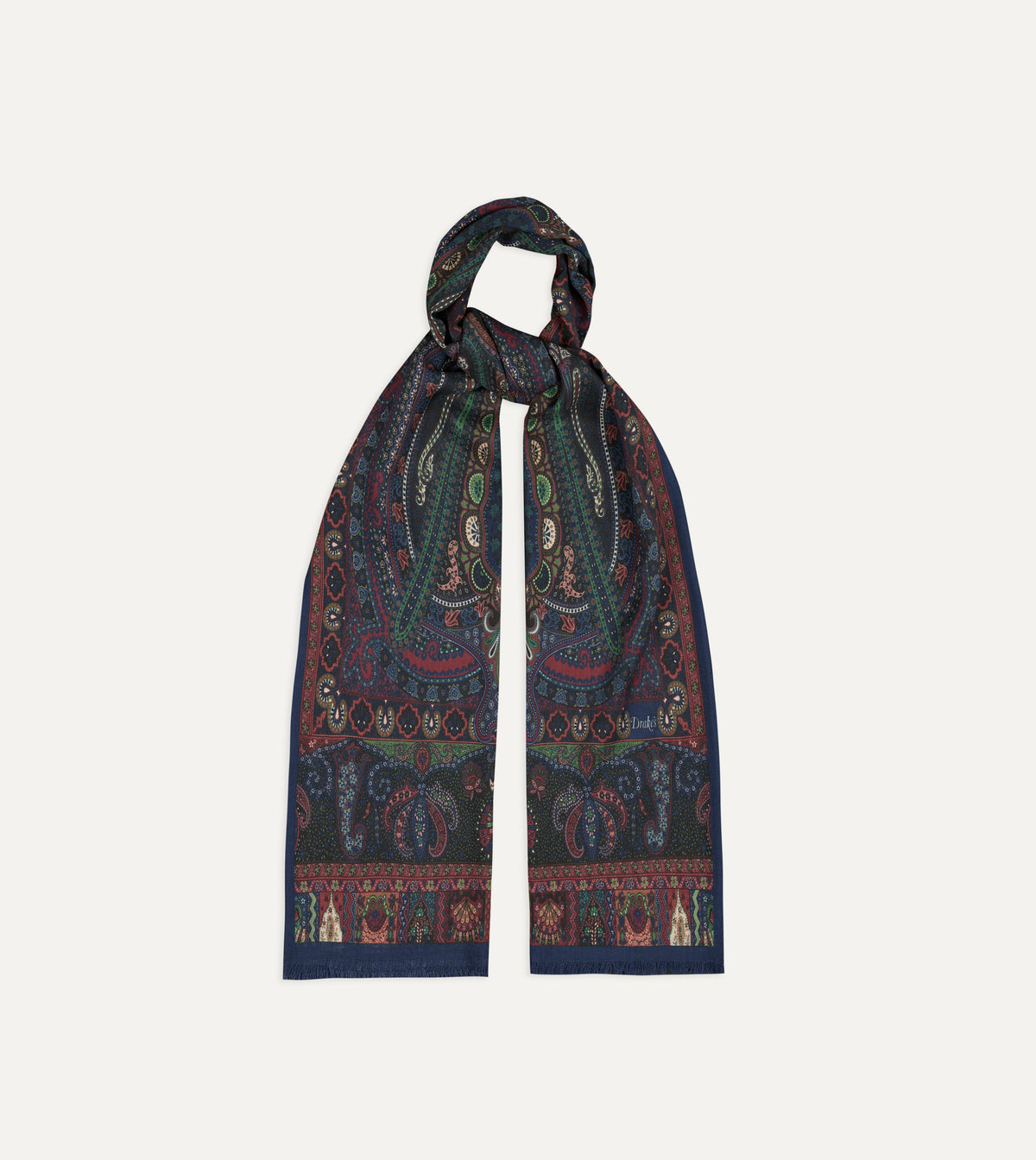Navy and Green Large Paisley Print Tubular Wool-Silk Scarf