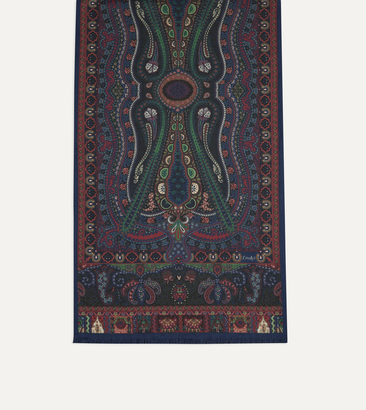 Navy and Green Large Paisley Print Tubular Wool-Silk Scarf