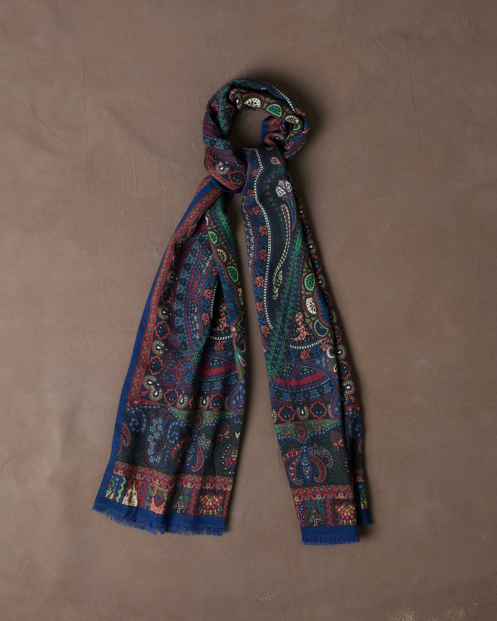 Navy and Green Large Paisley Print Tubular Wool-Silk Scarf – Drakes US